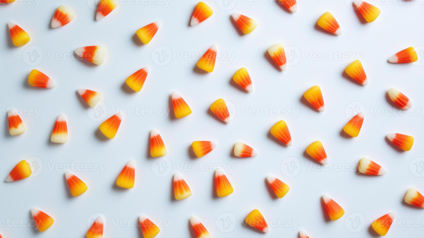 Candy corn scattered on a white surface, the classic color combination standing out against the background, food photography photo