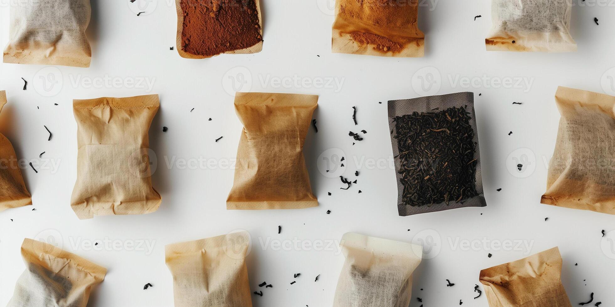 Chai tea bags arranged in a circular pattern on a white surface, food photography photo
