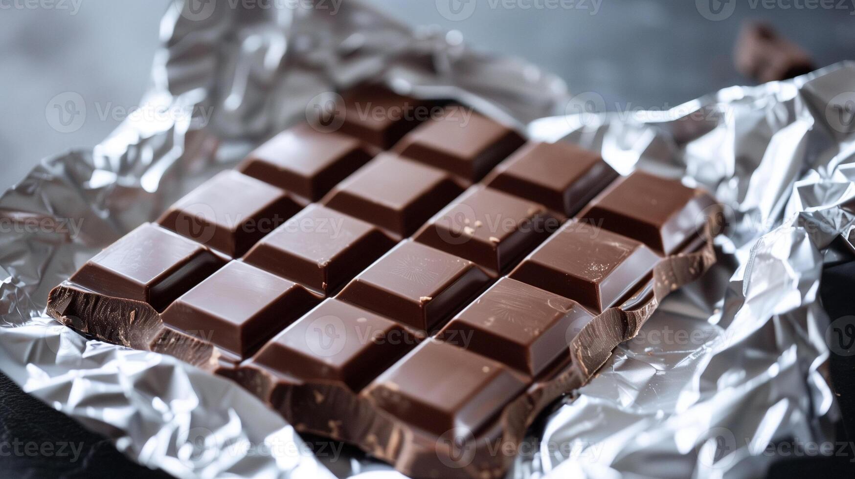 Chocolate bar partially wrapped in silver foil, revealing a uniform block of chocolate squares, culinary photography photo
