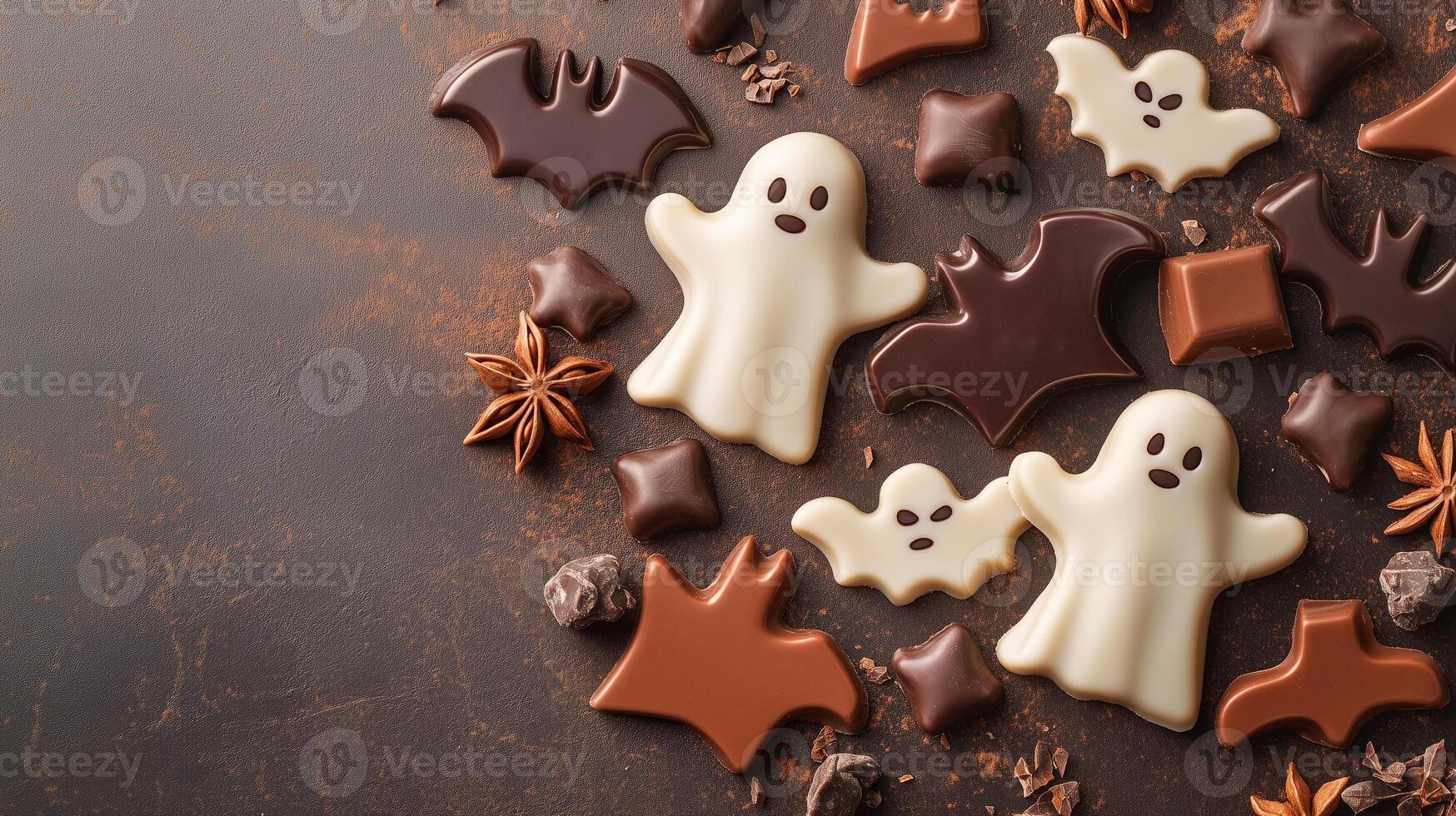 Chocolate pieces shaped like Halloween icons, such as ghosts and bats, placed on a decorative surface, food photography photo