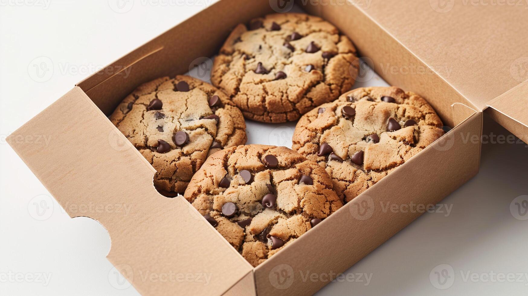 Chocolate chip cookies in an open rectangular box with a simple design, food photography photo