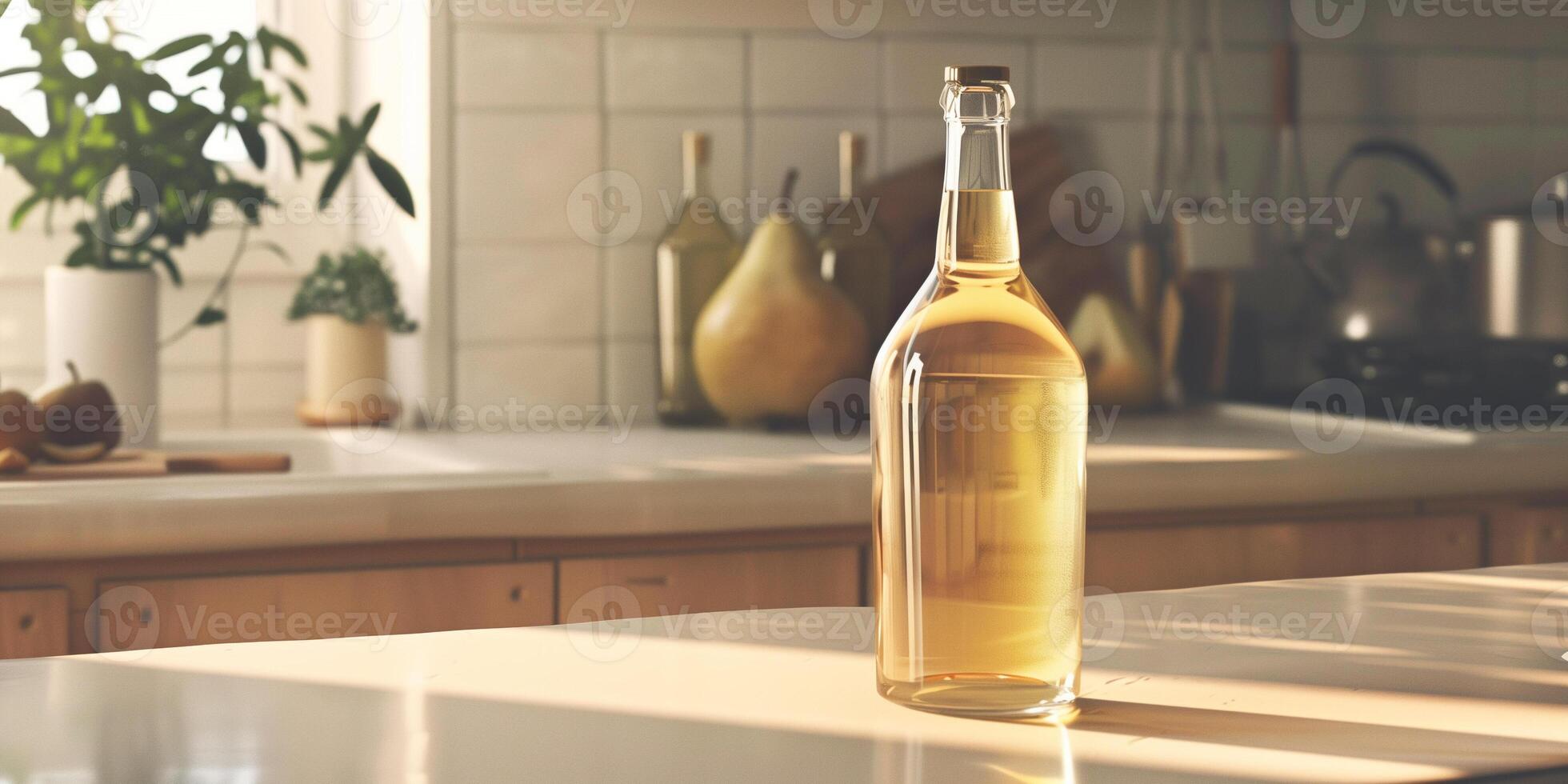 Clear bottle of pear cider with light golden liquid, standing on a kitchen island with a neutral backdrop, food photography photo