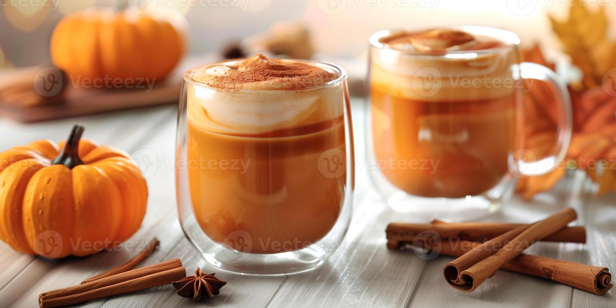 Clear mugs filled with pumpkin spice lattes placed beside cinnamon sticks and small pumpkins, food photography photo