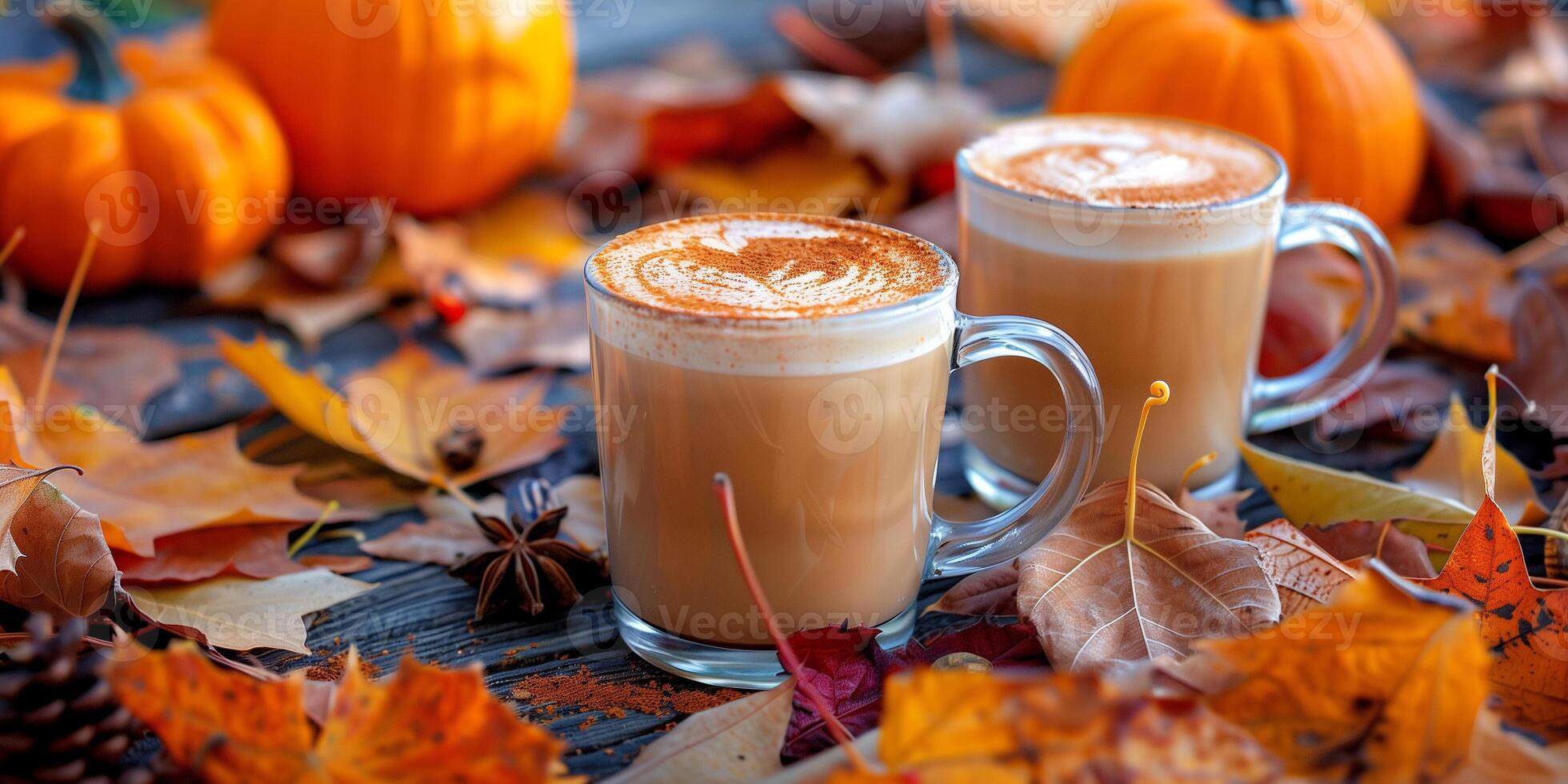 Clear mugs of pumpkin spice lattes on a table with surrounding autumn leaves and small pumpkins, culinary photography photo