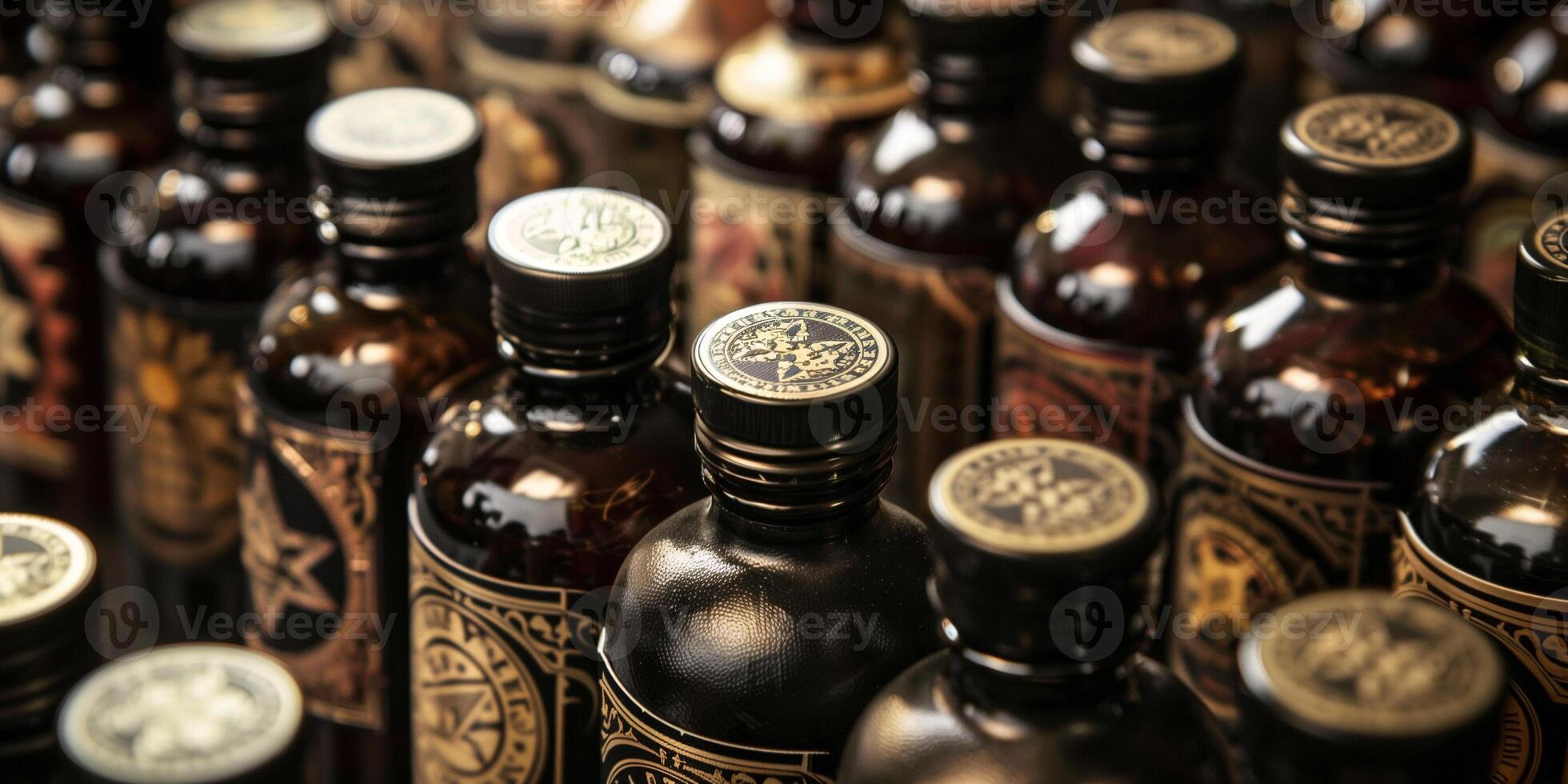 Close-up of handcrafted bottle labels, each featuring different designs and logos, culinary photography photo