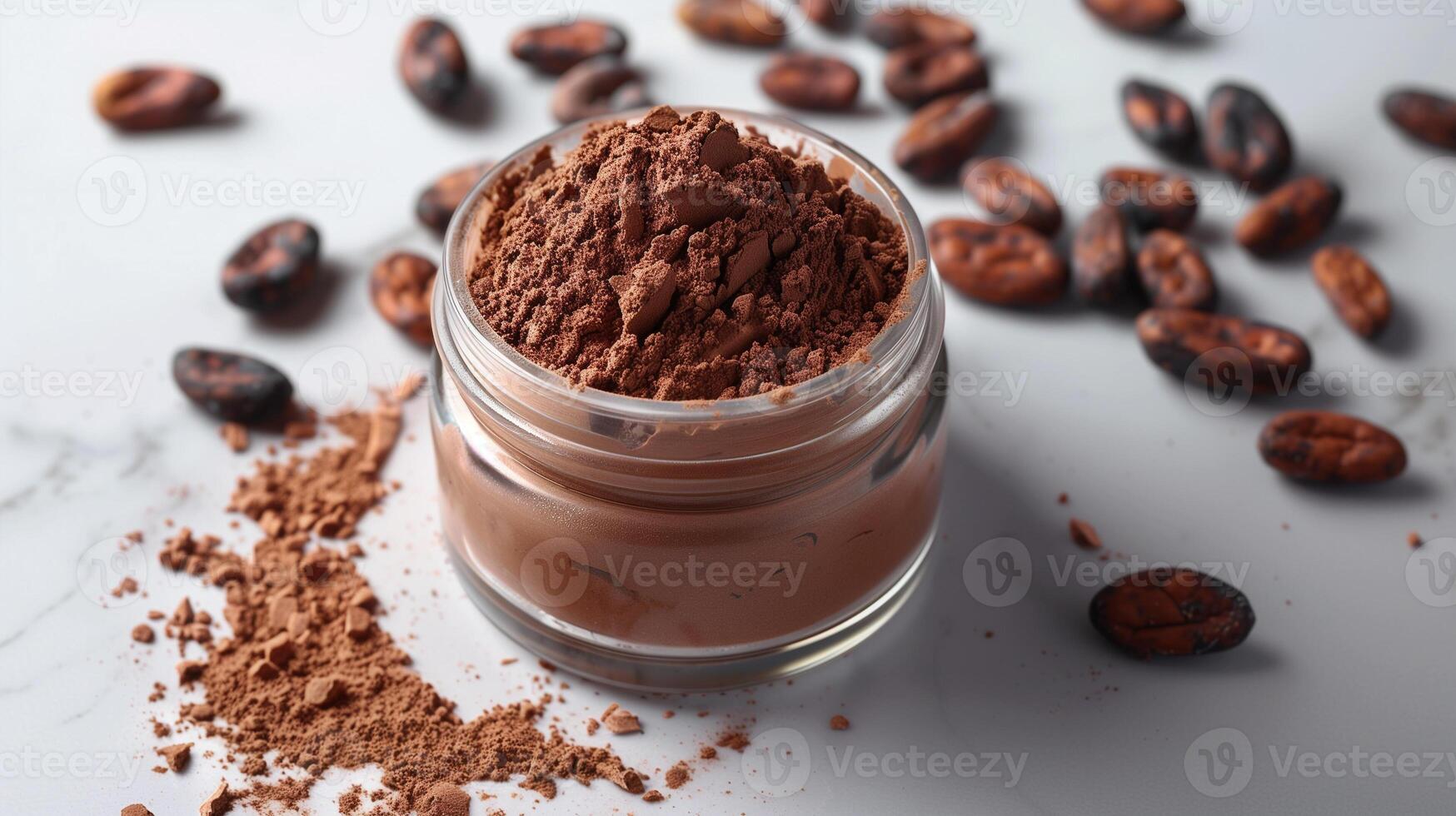 Flavored cocoa powder in a small jar beside raw cocoa beans, food photography photo