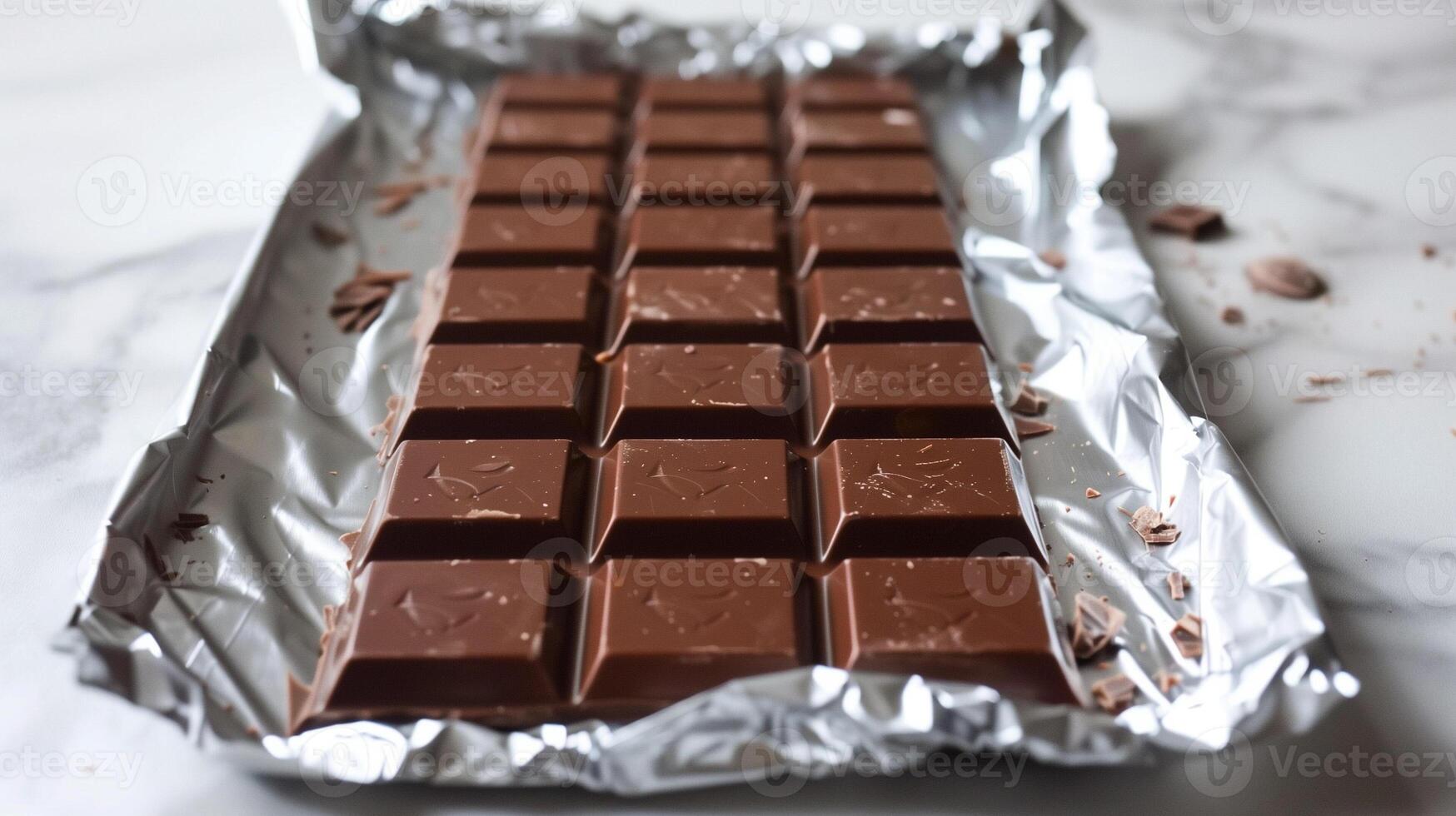 Milk chocolate bar with foil peeled back, exposing an unbroken row of evenly sized squares, culinary photography photo