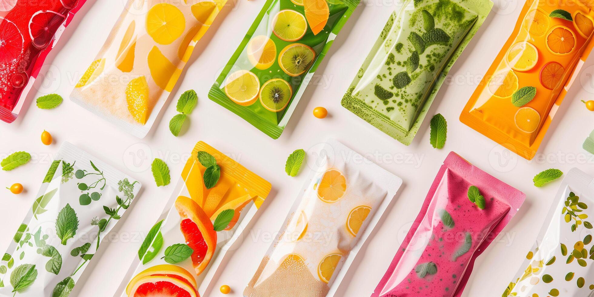 Multiple packets of nutritional drink mix, each displaying distinct ingredients and health benefits, food photography photo