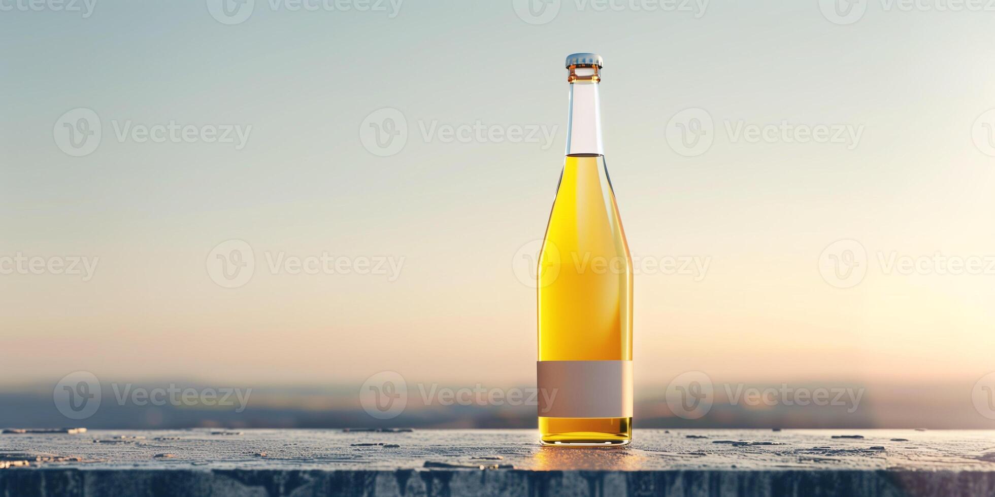 Pear cider bottle with a minimalist label, standing on a concrete surface, with a clear sky in the background, culinary photography photo