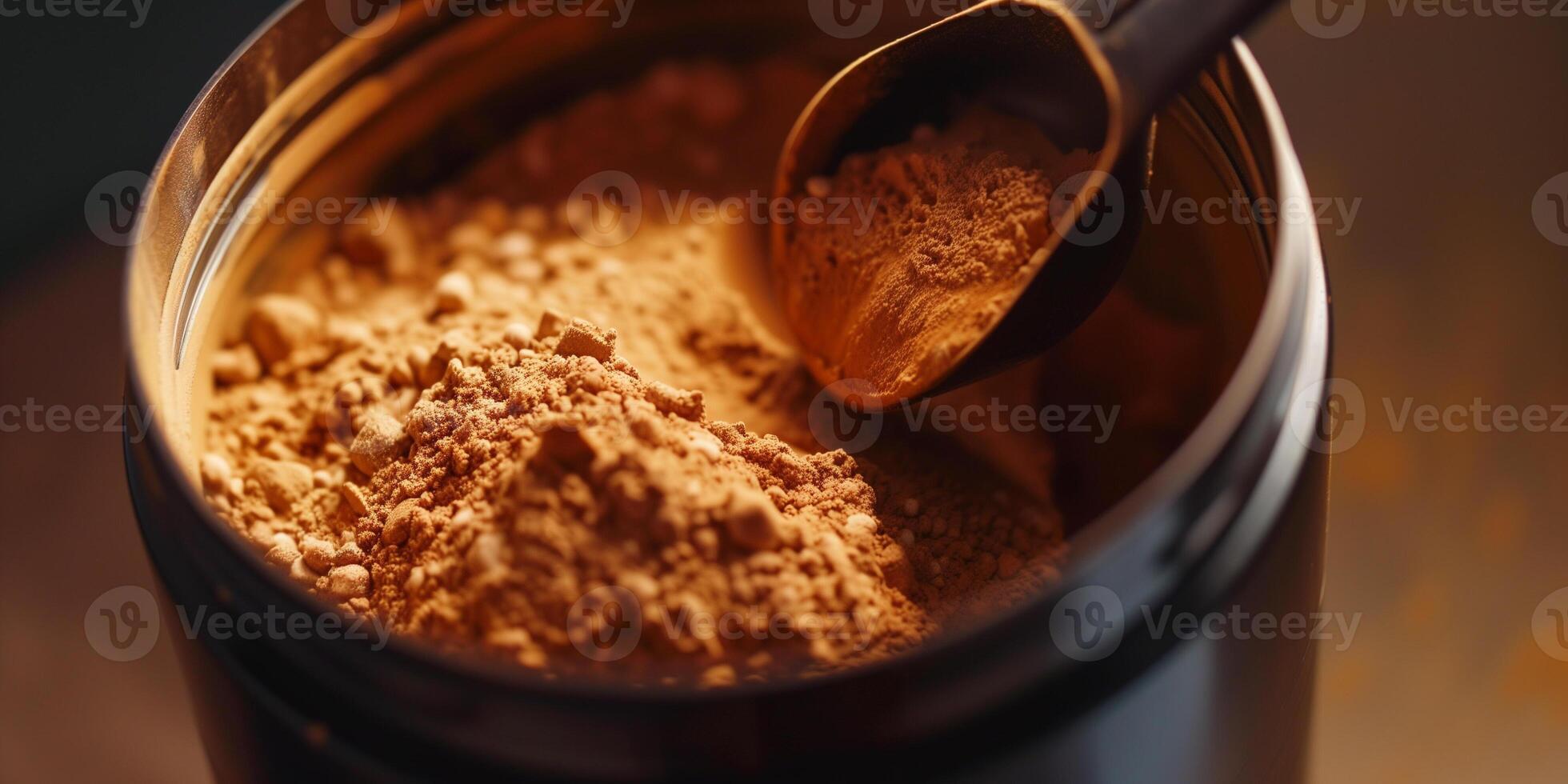 Nutritional drink mix in a large container with the serving scoop visible inside, culinary photography photo
