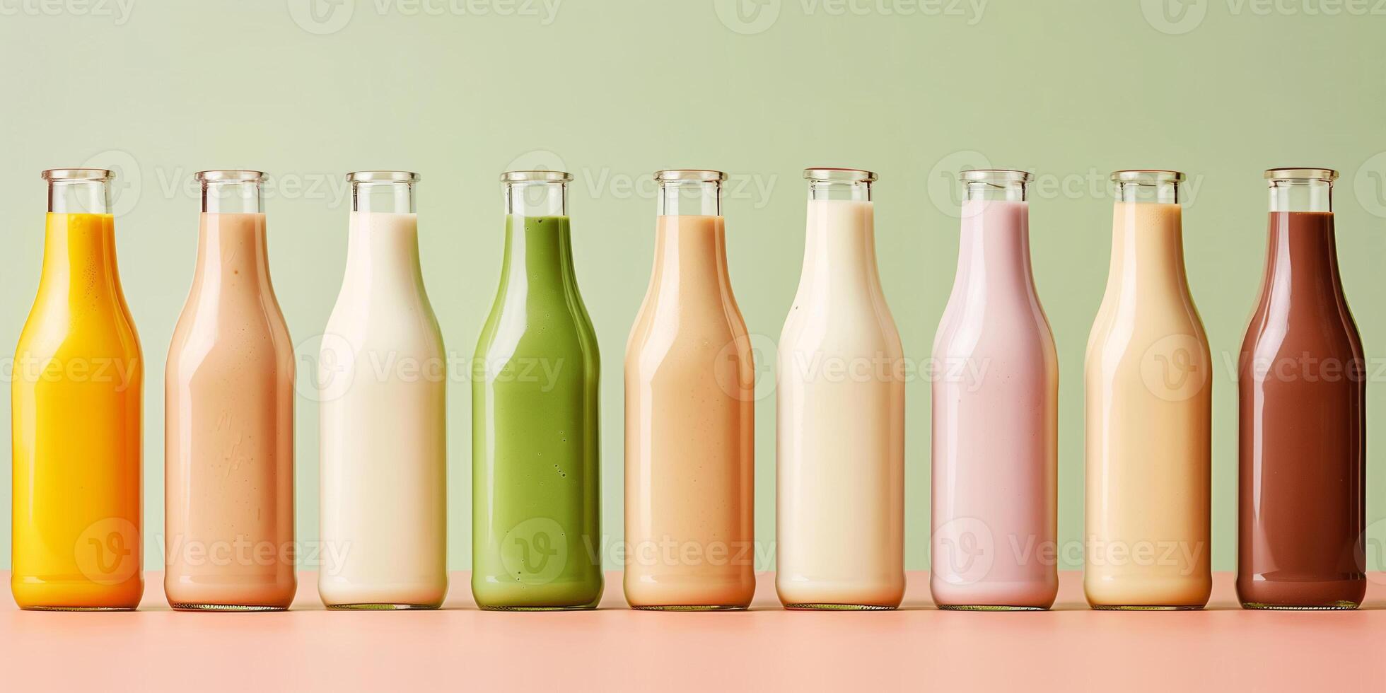 Several glass bottles with different flavored milk varieties, each marked with flavor names, culinary photography photo