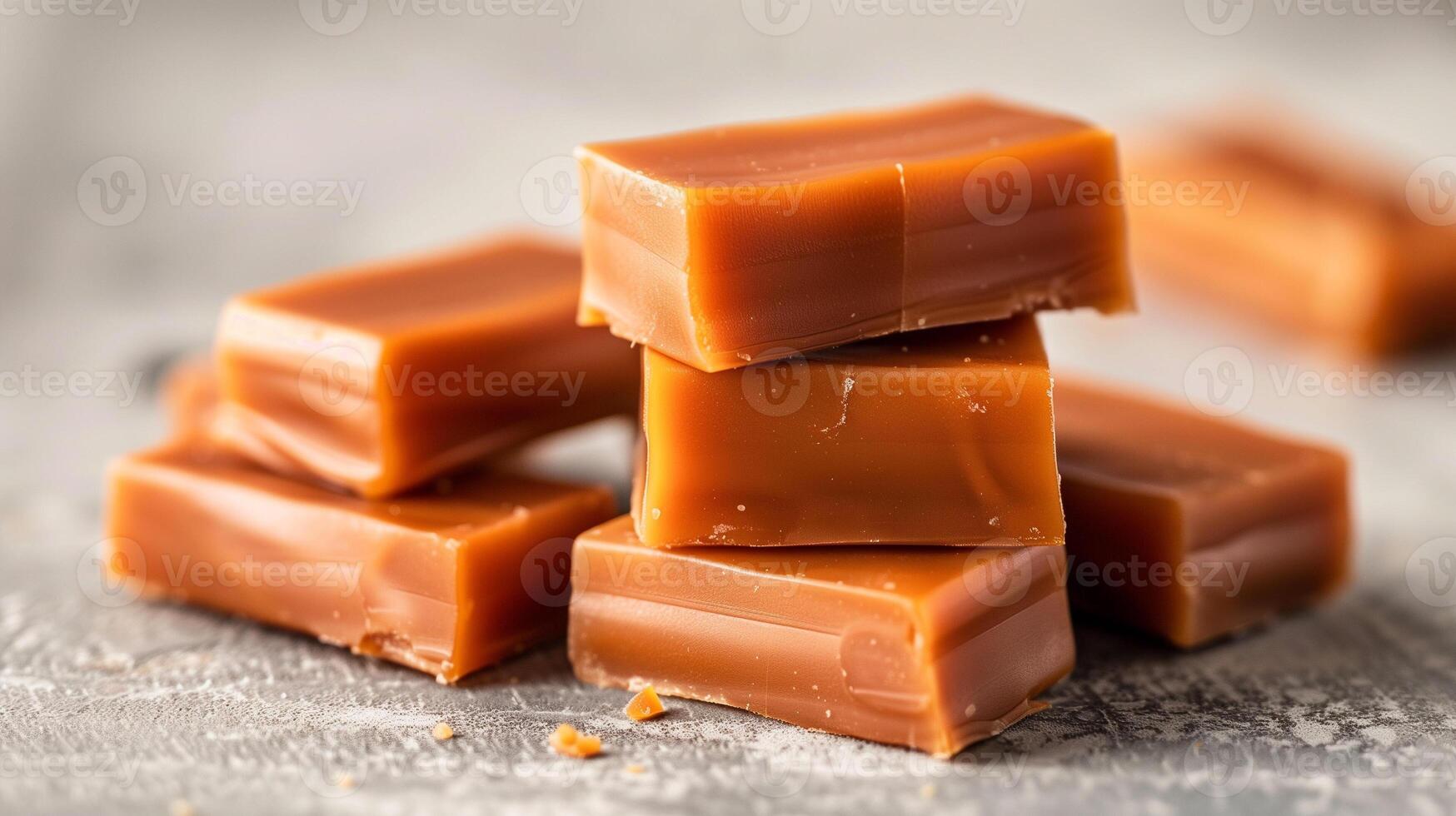 Pile of caramel candies stacked in a heap, highlighting their rectangular shapes on a neutral backdrop, culinary photography photo