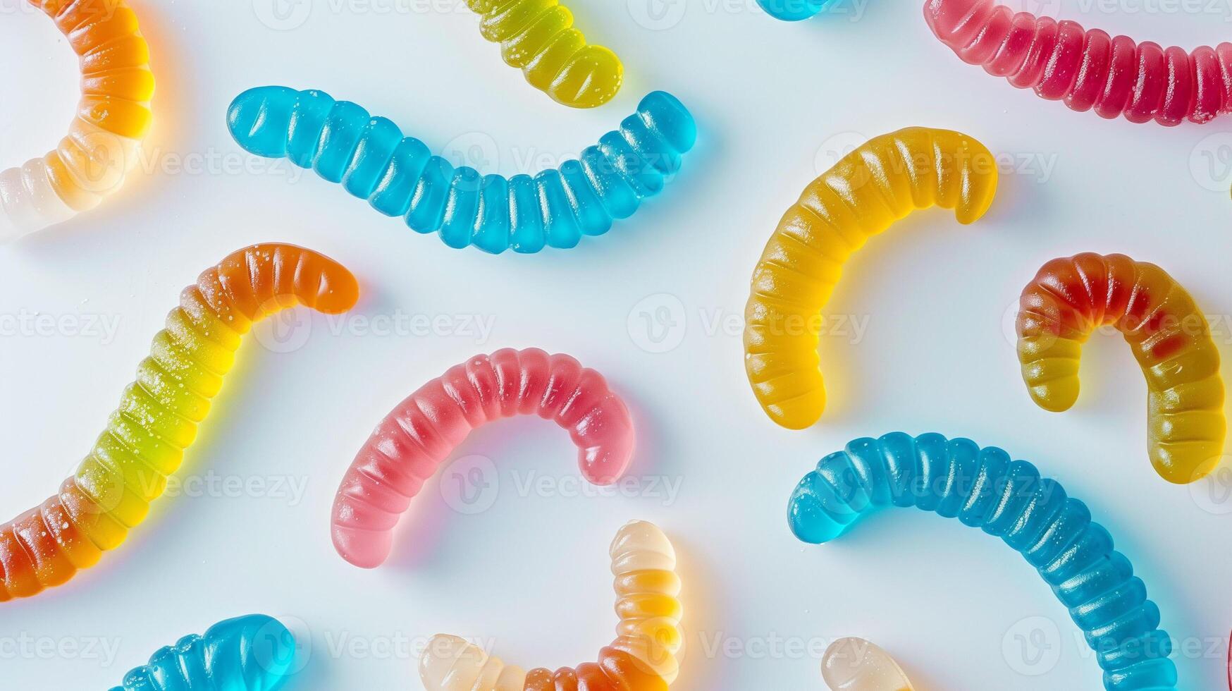 Several gummy worms of different colors and patterns scattered on a white surface, food photography photo