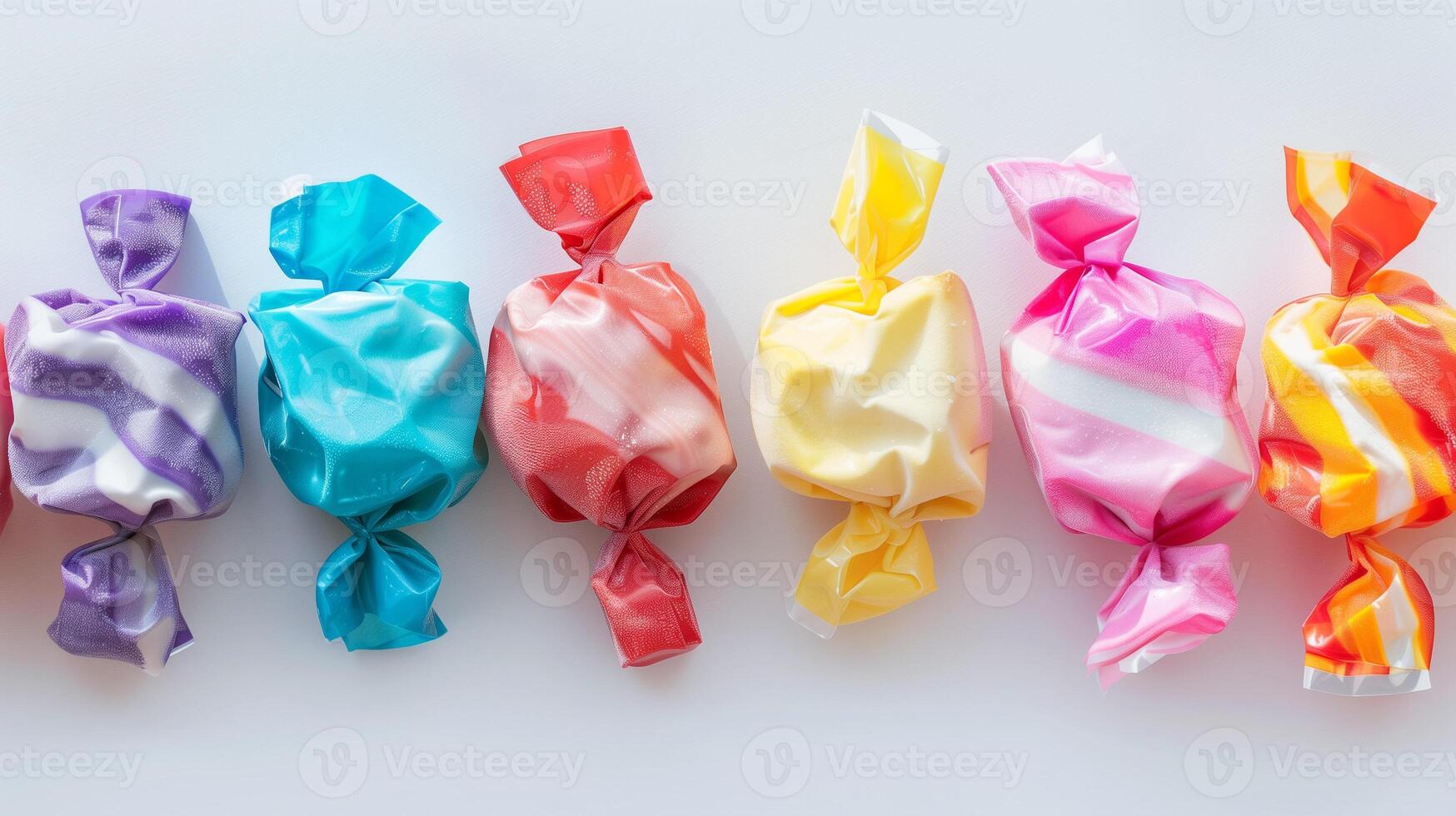 Several taffy pieces placed side by side, forming a gradient of colors and shapes on a plain background, culinary photography photo