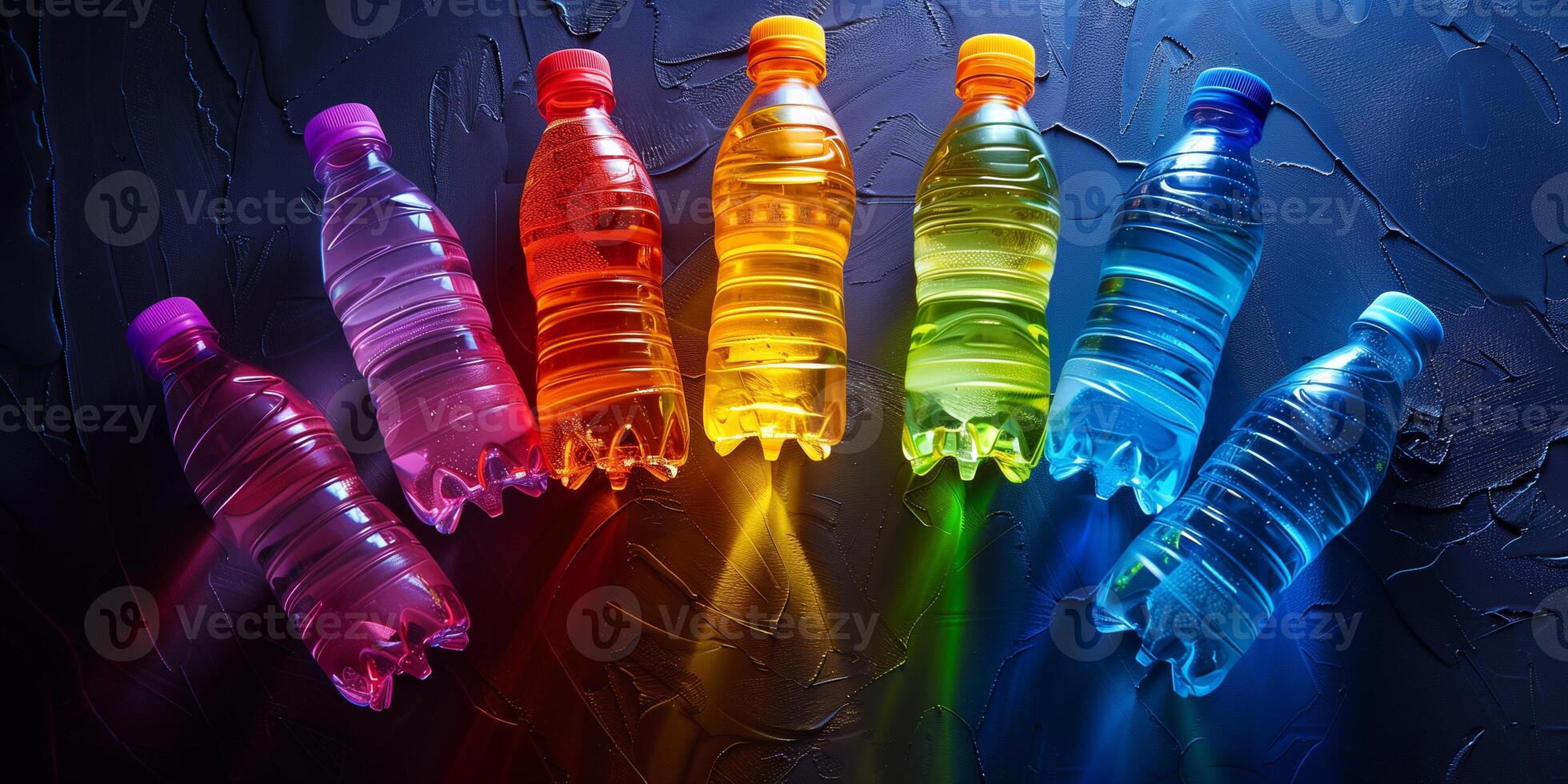 Sports drink bottles arranged in a circular pattern on a dark background, culinary photography photo