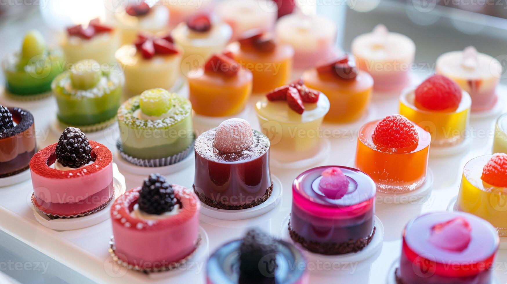 Small round desserts in multiple colors neatly arranged on a white platter, food photography photo