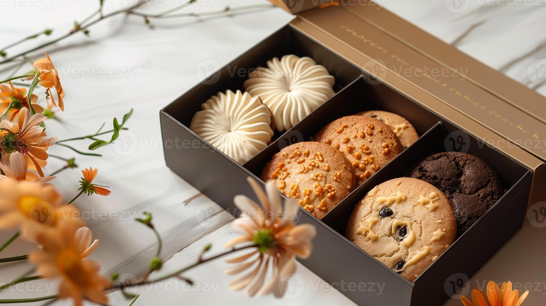 Specialty cookies placed in an open rectangular box with a simple design, food photography photo