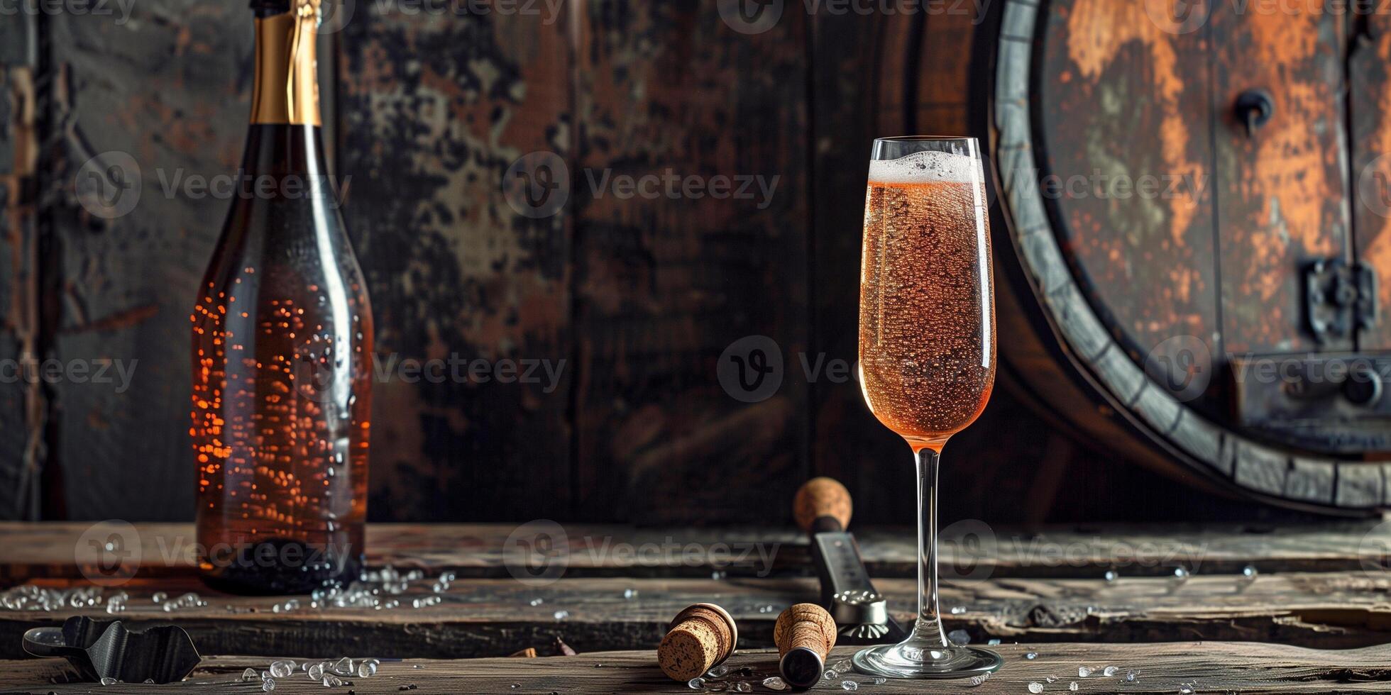 Sparkling wine in glass, open bottle, bubbles on rustic table, culinary photography photo