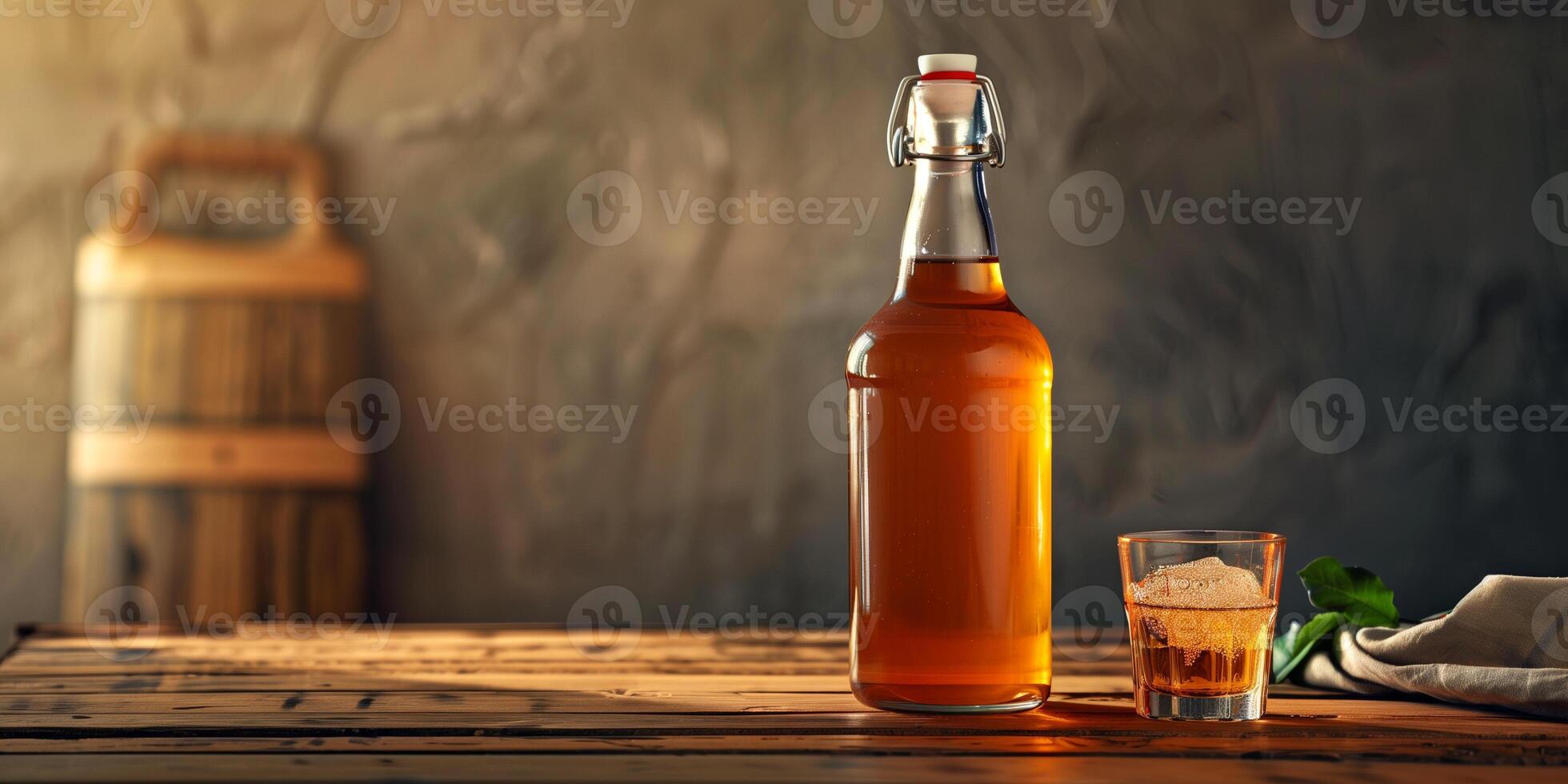 Tall bottle of amber apple cider on a wooden table, accompanied by an empty glass nearby, culinary photography photo