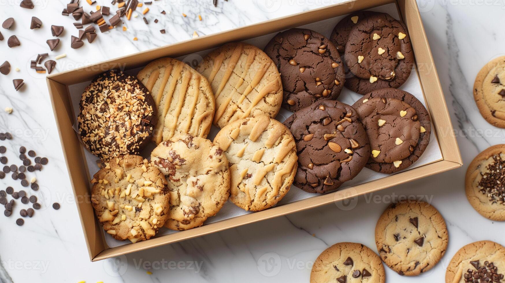Specialty cookies placed in an open rectangular box with a simple design, culinary photography photo