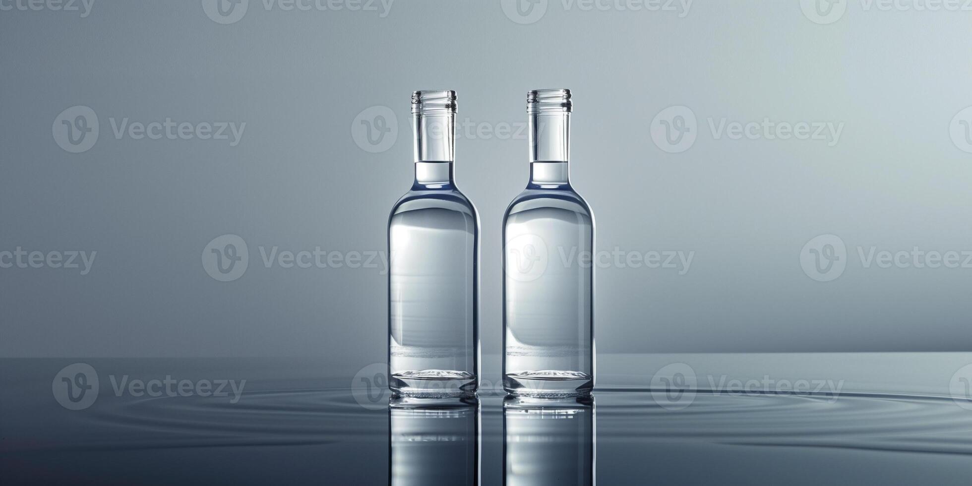 Two vodka bottles standing side by side on a reflective surface, culinary photography photo
