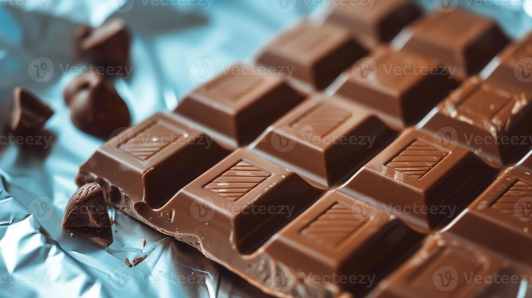 Unwrapped milk chocolate bar resting on its packaging, with clear lines dividing each piece, culinary photography photo
