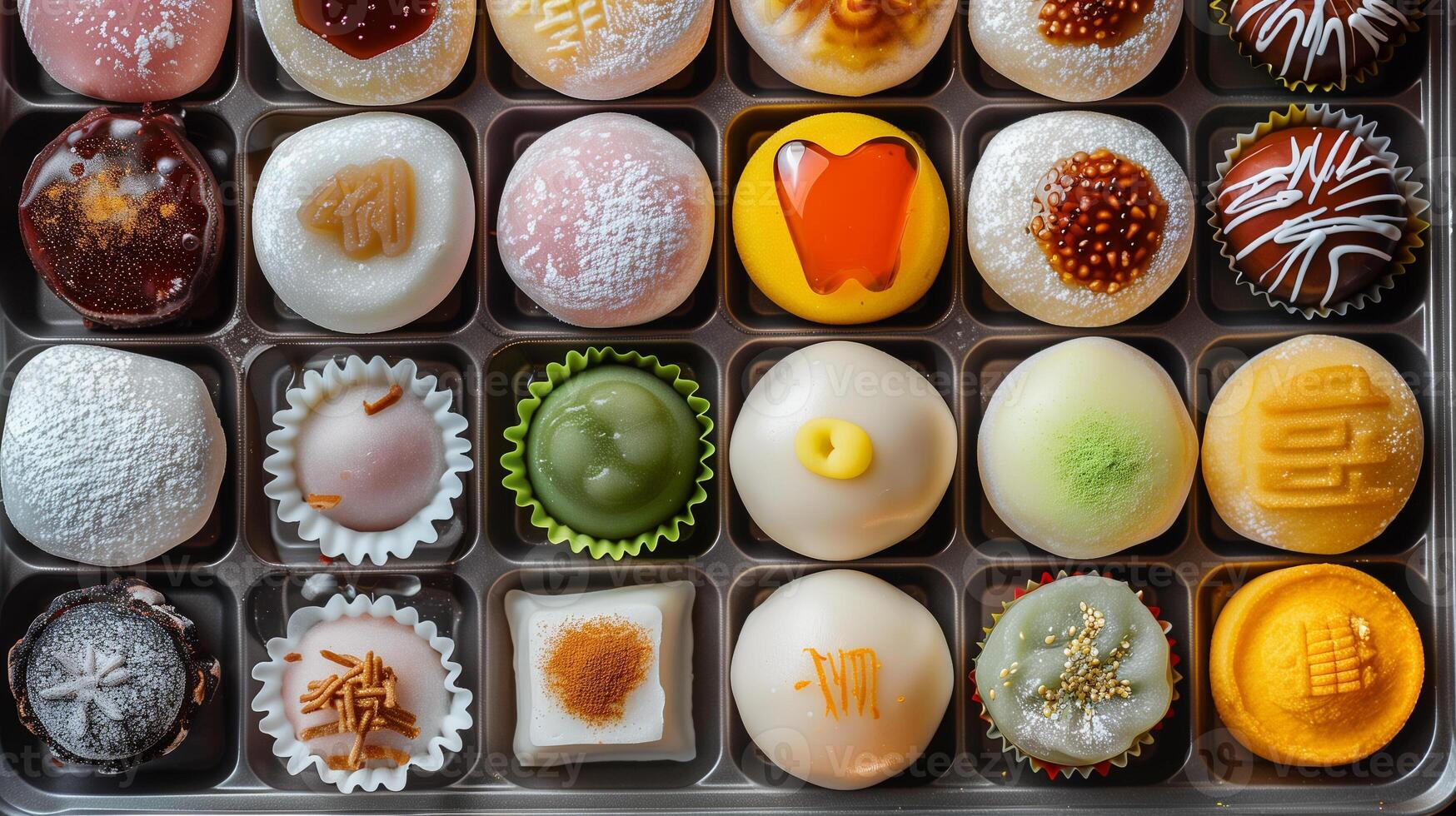 Mochi cakes with different fillings in a symmetrical pattern on a tray, food photography photo