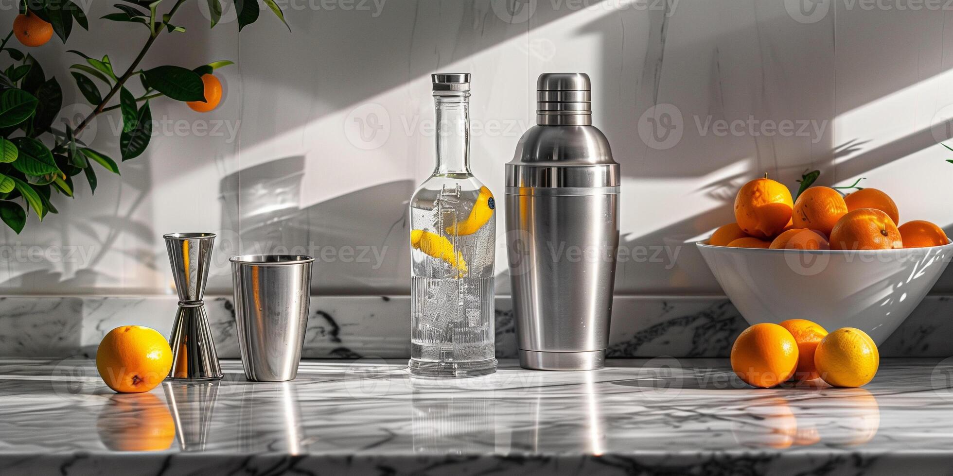 Vodka bottle on a marble counter, accompanied by a cocktail shaker and strainer, food photography photo