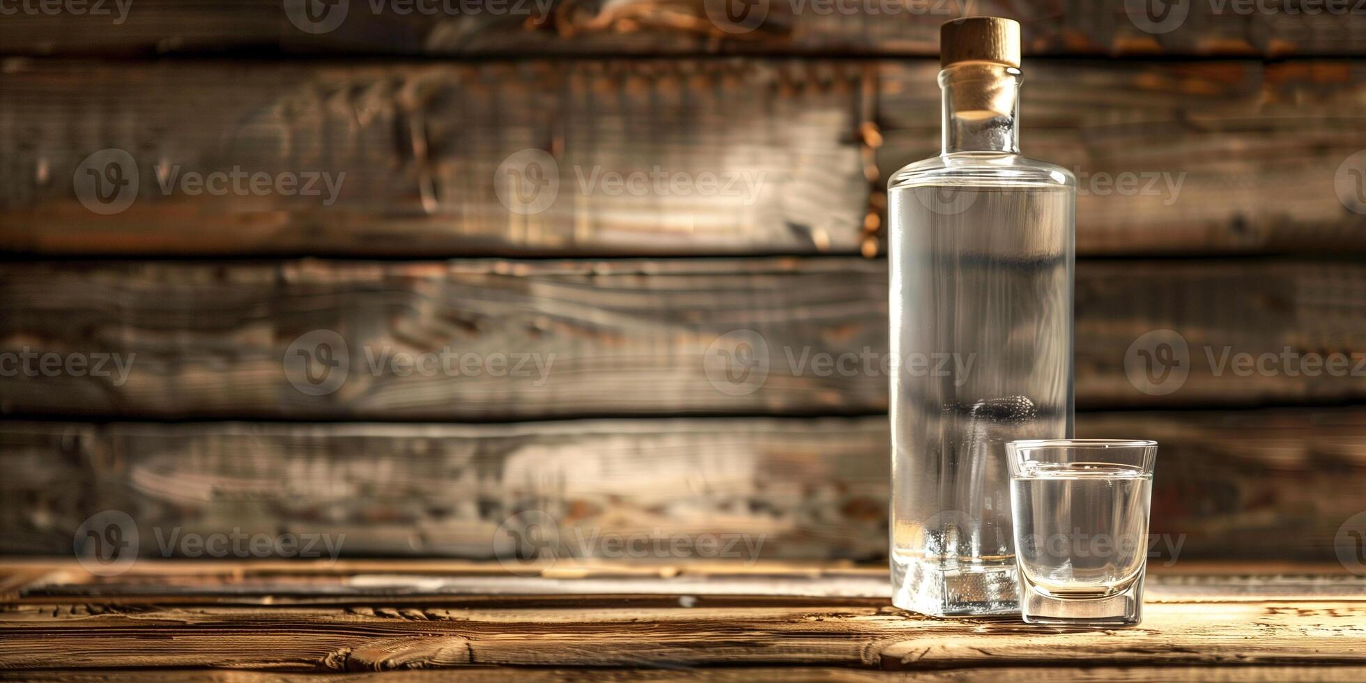 Vodka bottle on a wooden surface, accompanied by a single, empty shot glass, culinary photography photo