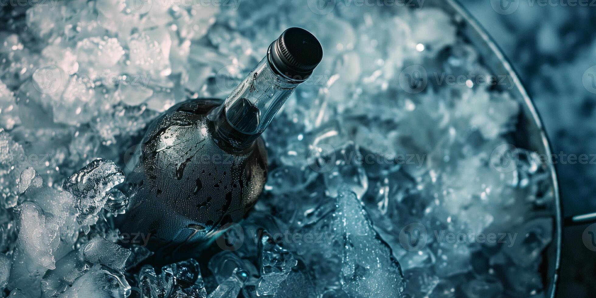 Vodka bottle partially submerged in a bucket of ice, surrounded by frost, food photography photo