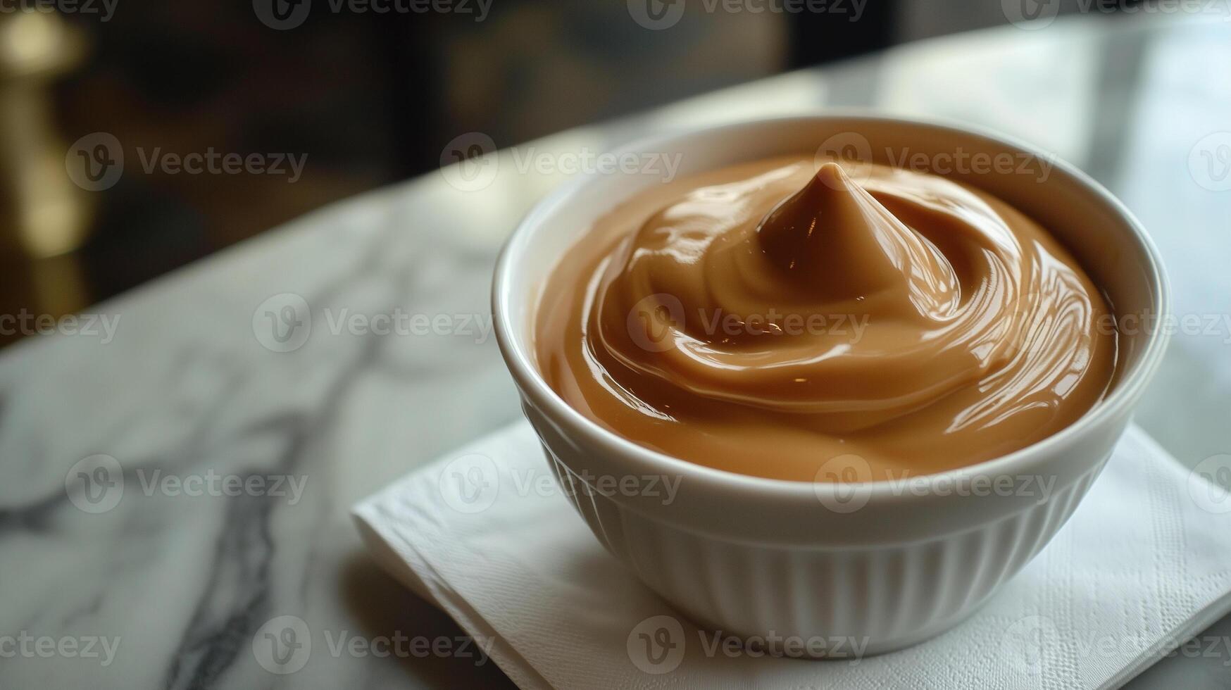 Porcelain bowl of rich, creamy dulce de leche on a white napkin on a table, photorealistic food photo