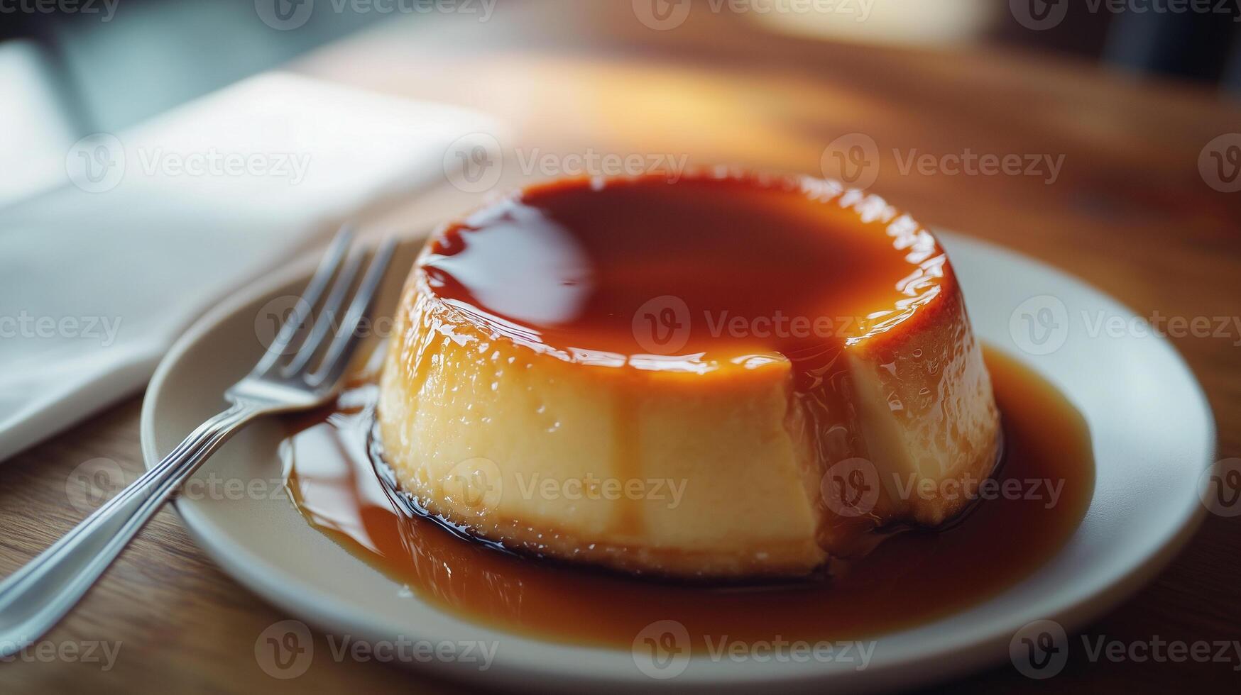 Portion of flan with caramel sauce topping, on a dish with a fork beside it, photorealistic food photo
