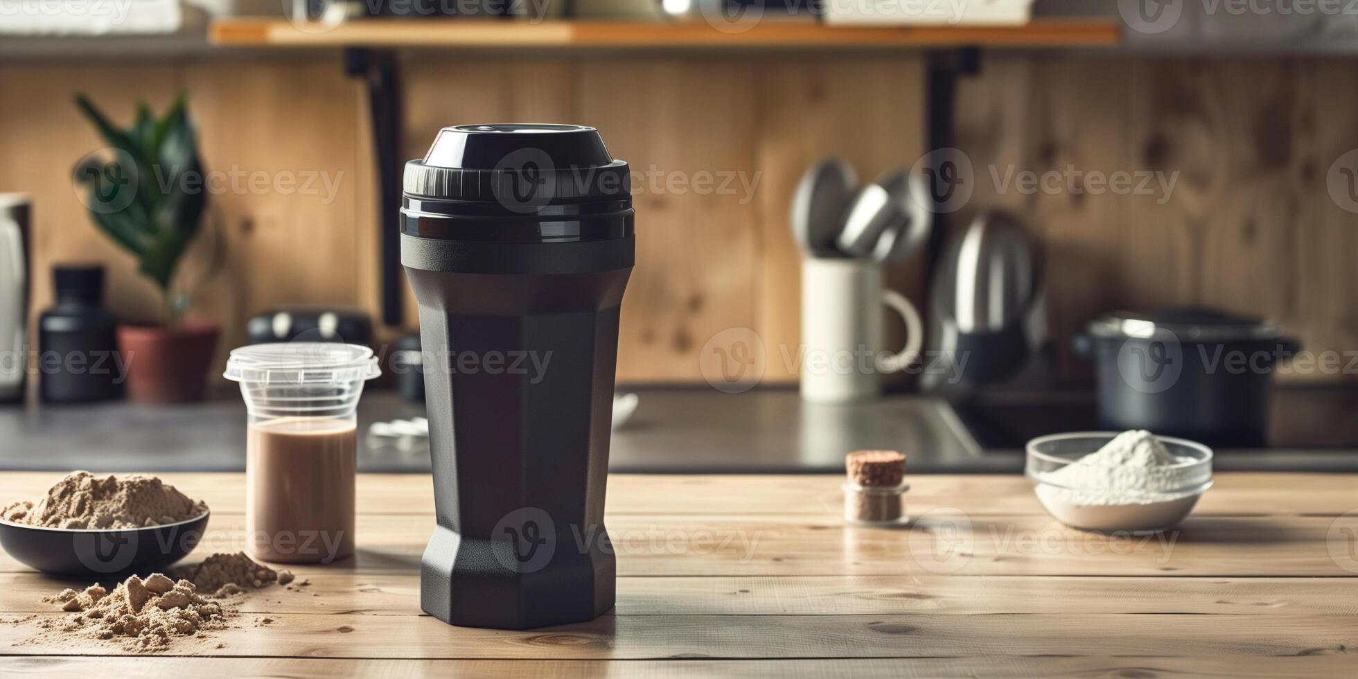 Protein shake being blended in a shaker bottle, with the powder container nearby, photorealistic food photo