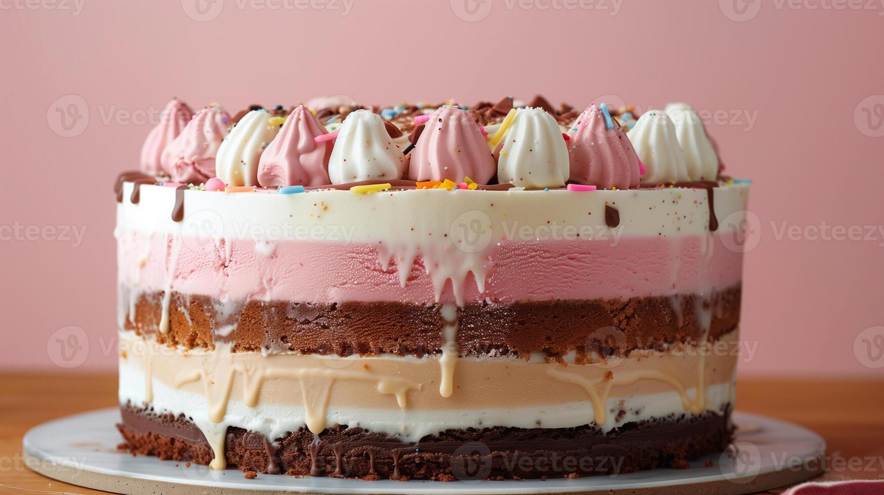 Round cake with alternating ice cream and cake layers in cross-section, photorealistic food photo