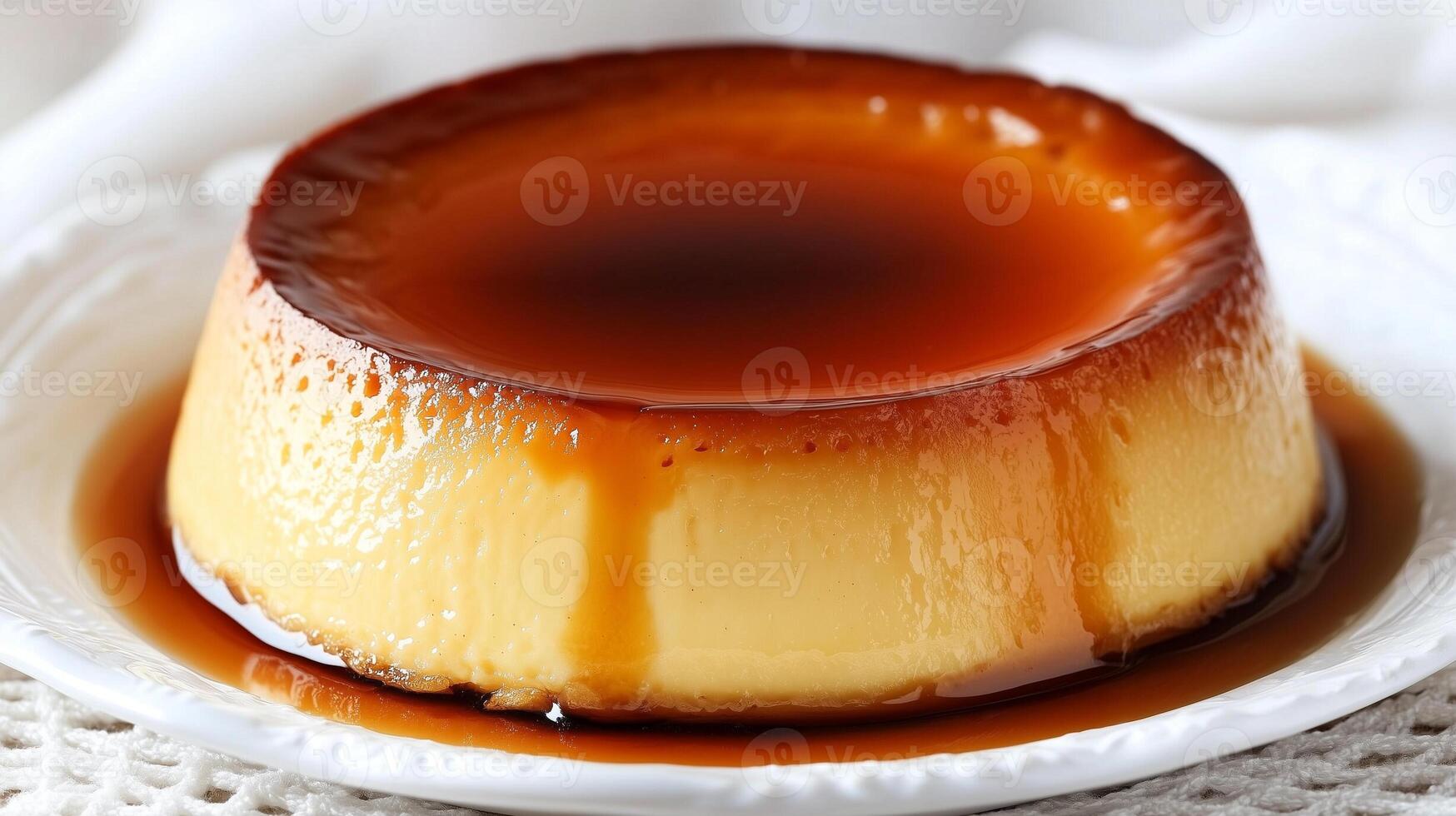 Round flan dessert with caramel sauce on a white porcelain plate, gastronomy photography photo