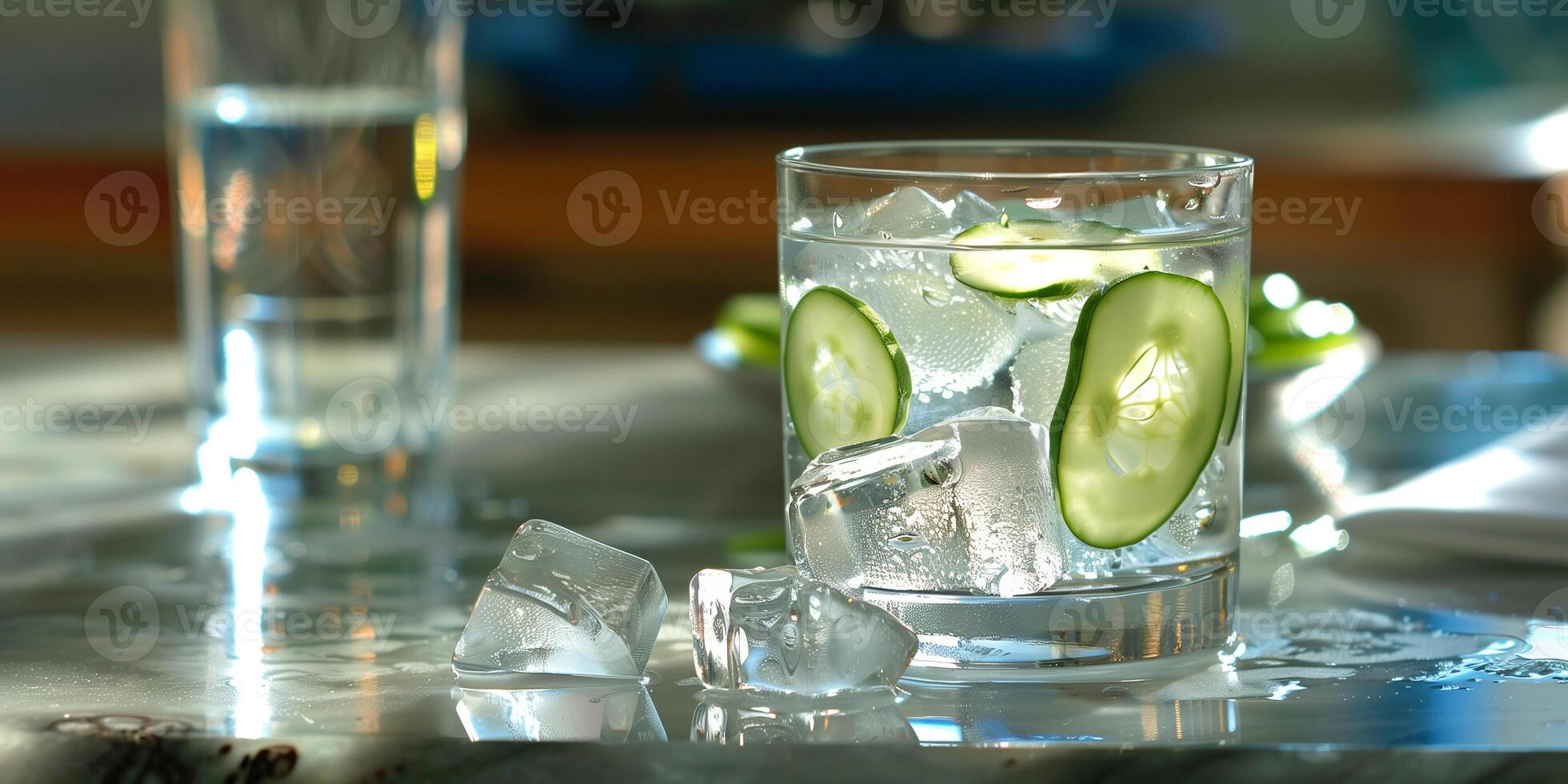 Rocks glass with clear liquid, ice cubes, and cucumber slices, gastronomy photography photo