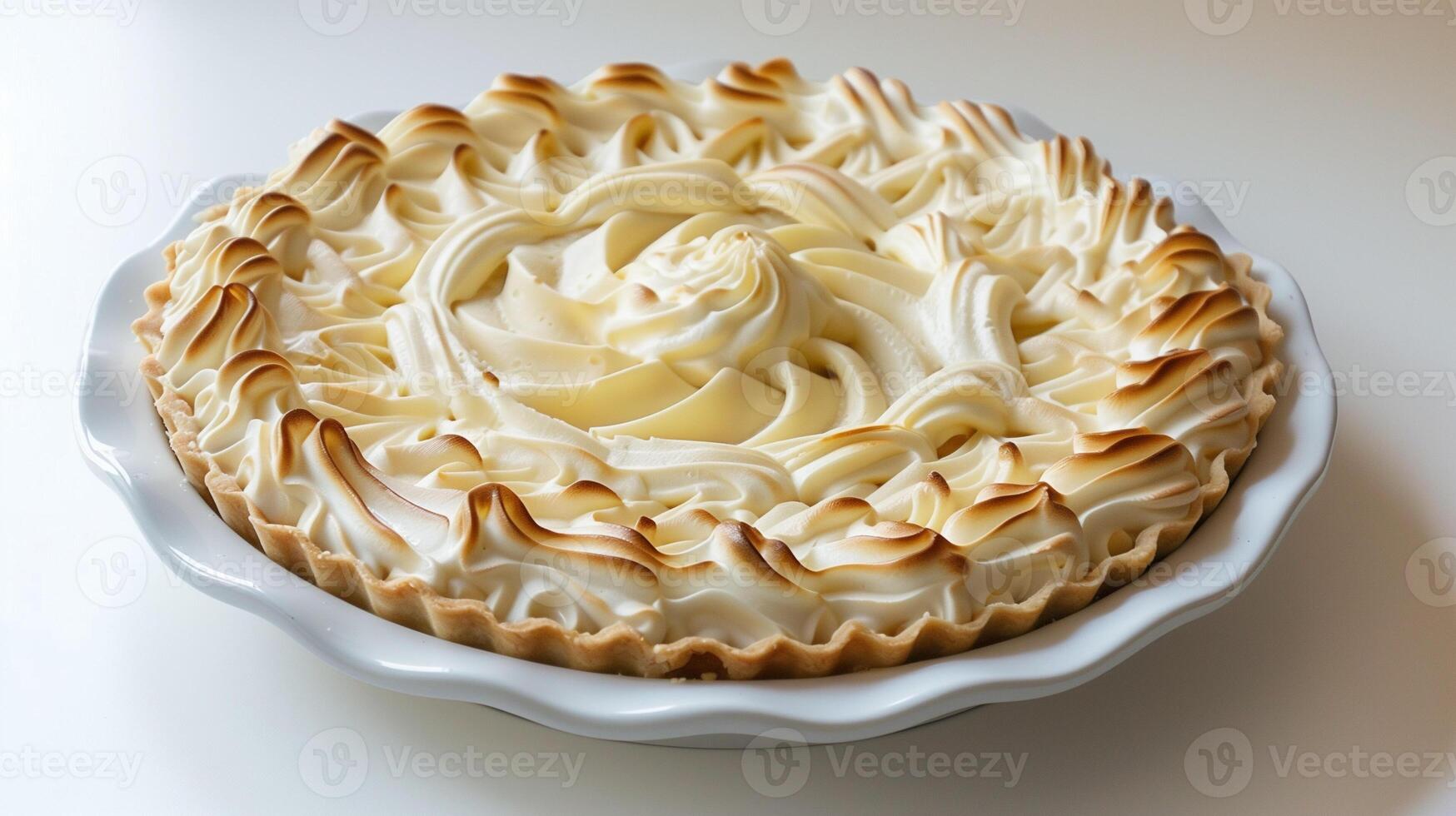 Round frozen pie with swirl design on a plain white plate, photorealistic food photo