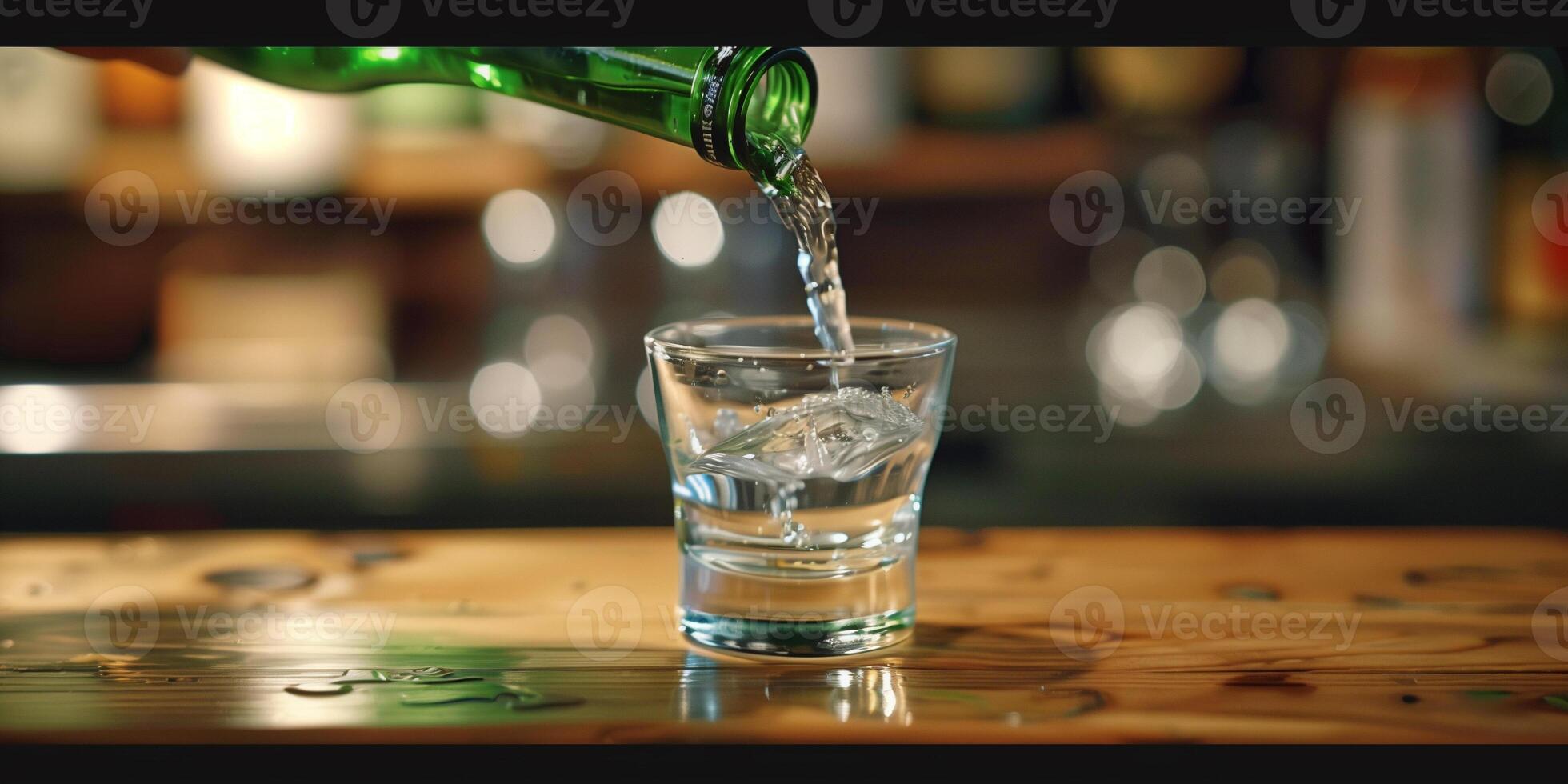 Soju bottle pouring clear liquid into a small glass on a wooden surface, photorealistic food photo