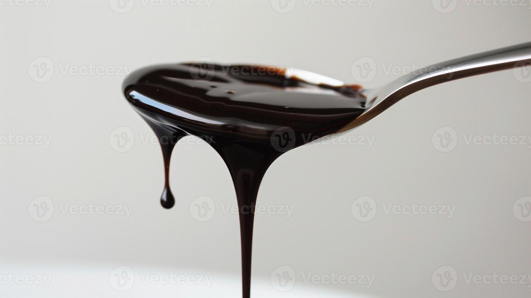 Spoon drizzles thick, dark chocolate syrup over a plain white surface, photorealistic food photo