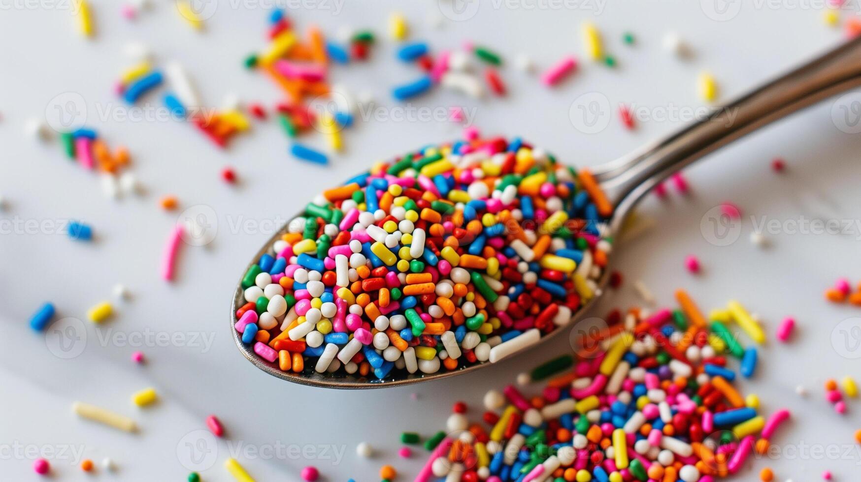 Spoon holding an assortment of colorful sprinkles, placed on a white tabletop, gastronomy photography photo