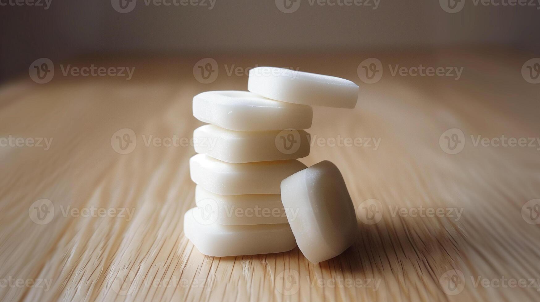 Stack of white mints arranged in a single layer on a smooth, light wooden surface, gastronomy photography photo