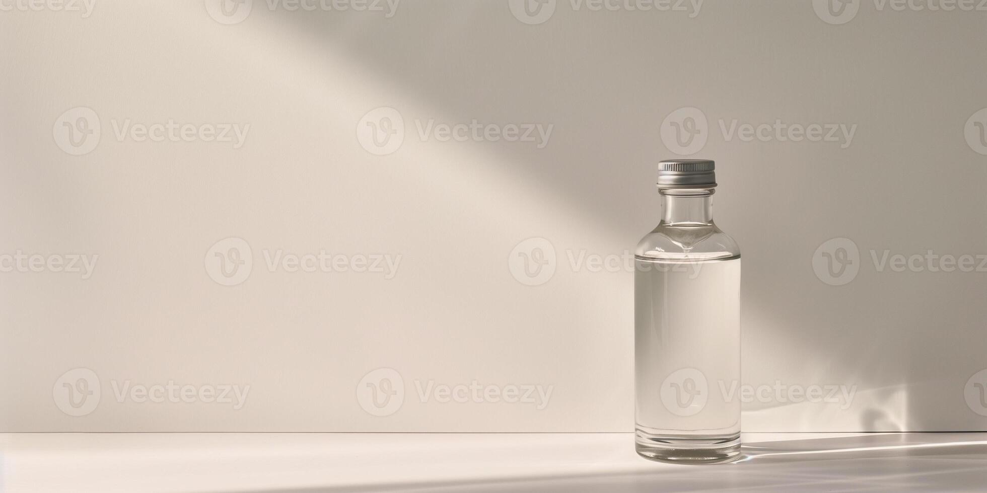 Clear glass bottle filled with dark sauce, capped with a metal lid, photorealistic food photo