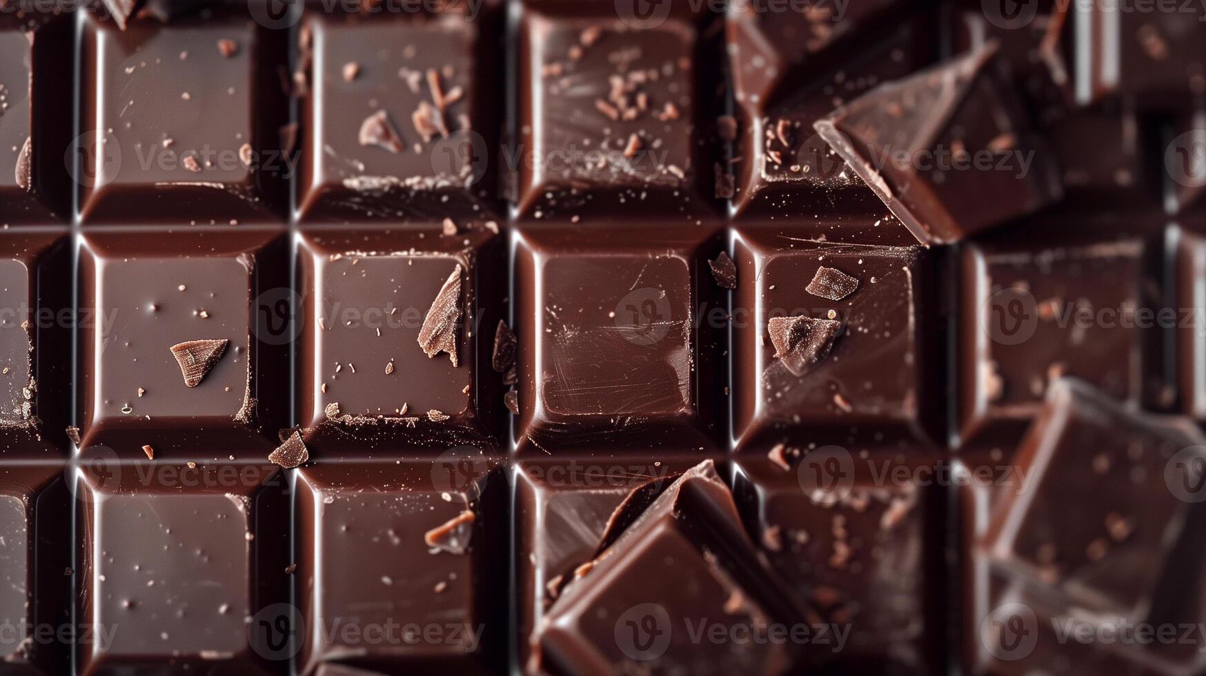 Close-up of a chocolate bar with distinct lines separating individual pieces within the whole bar, gastronomy photography photo