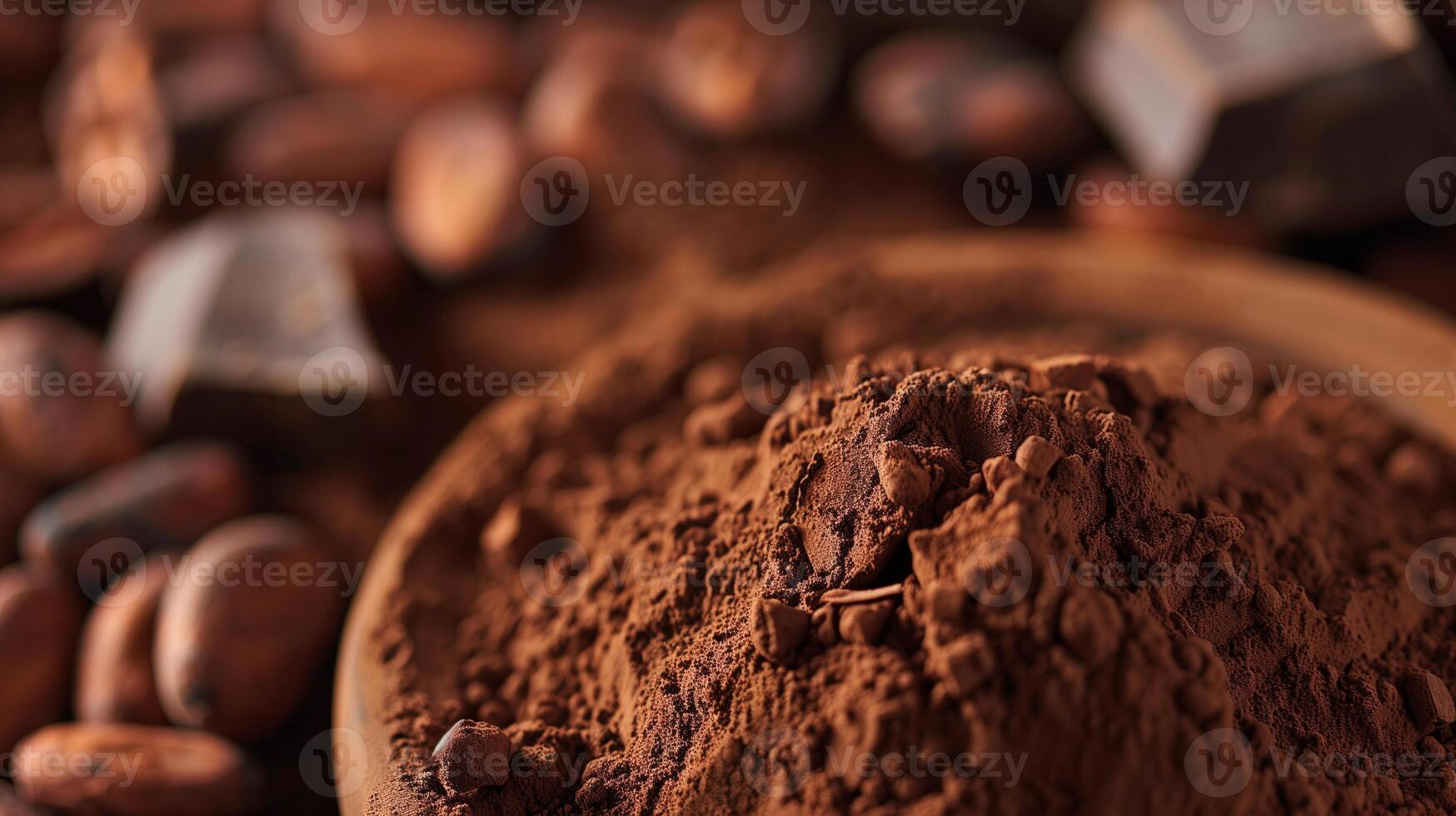 Close-up of raw cocoa powder with roasted beans and flavored powder in the background, gastronomy photography photo