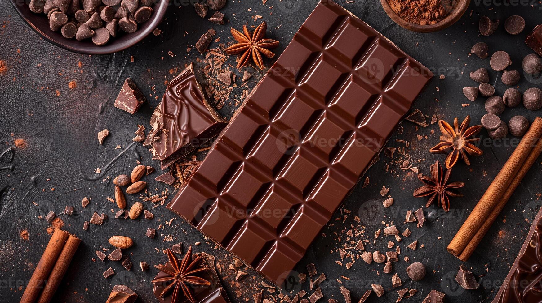 Flavored chocolate bar laid flat, with embedded flavoring elements clearly visible, photorealistic food photo