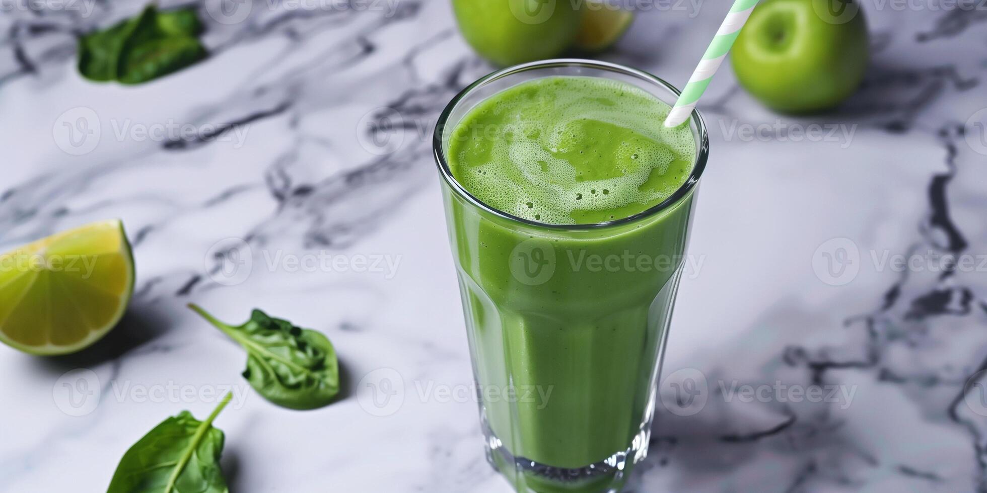 Freshly blended green smoothie in a glass on a marble countertop with a straw, photorealistic food photo