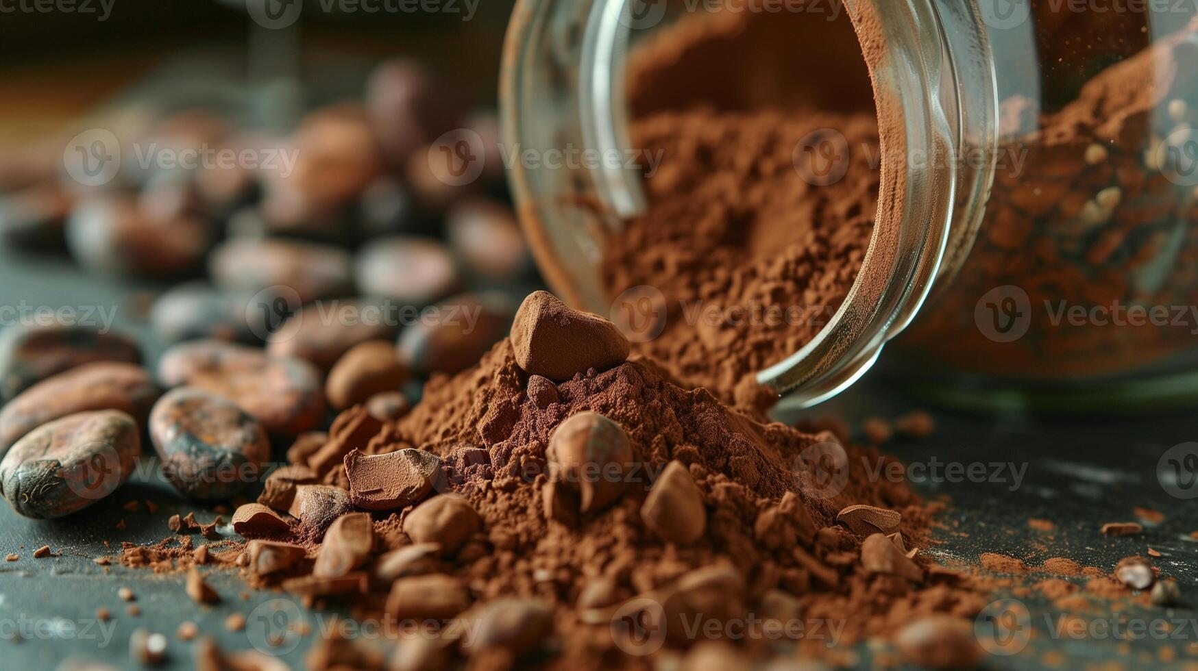 Flavored cocoa powder spilling from a jar next to roasted cocoa beans, photorealistic food photo