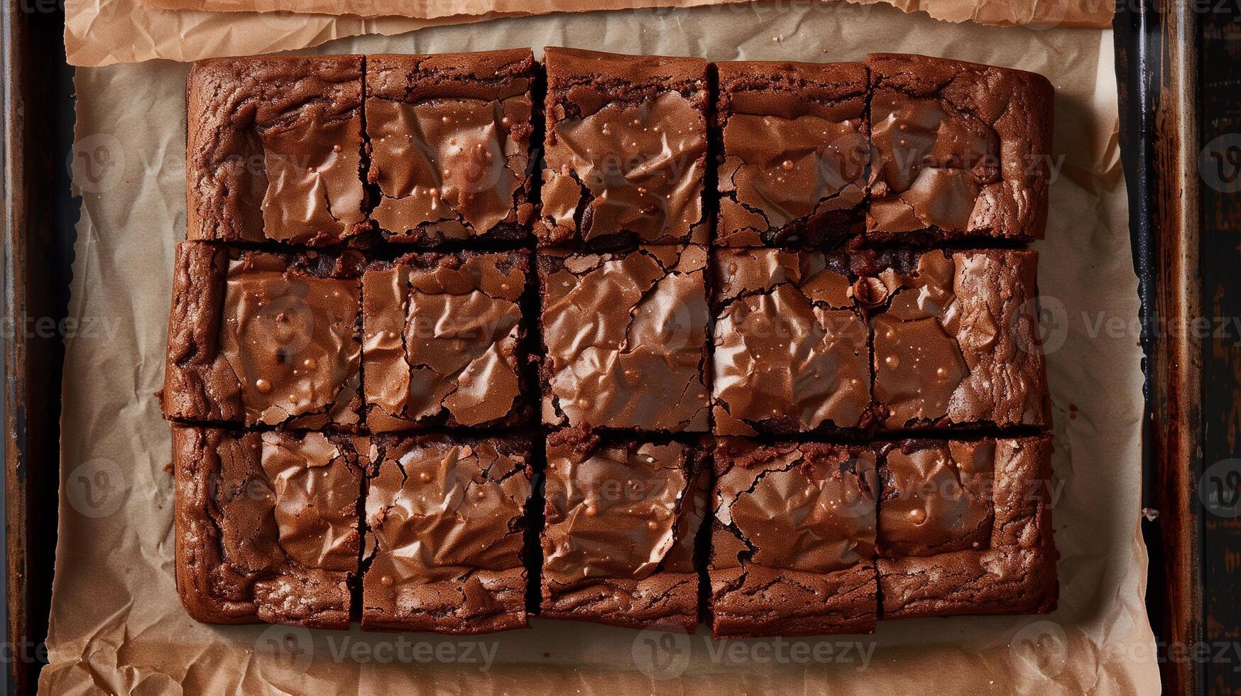 Fudge brownie squares arranged neatly on a parchment-lined baking sheet, showing a uniform dark color, photorealistic food photo