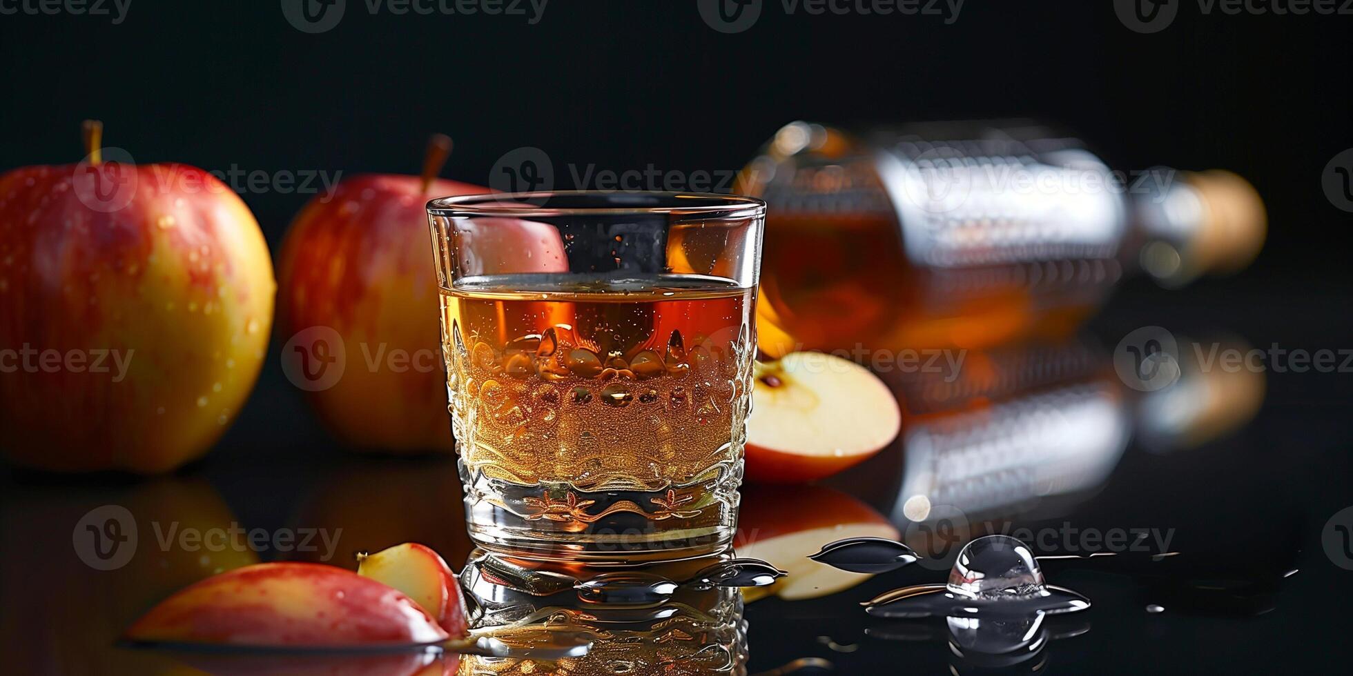 Glass of apple cider on a reflective surface, with a bottle lying horizontally in the background, photorealistic food photo