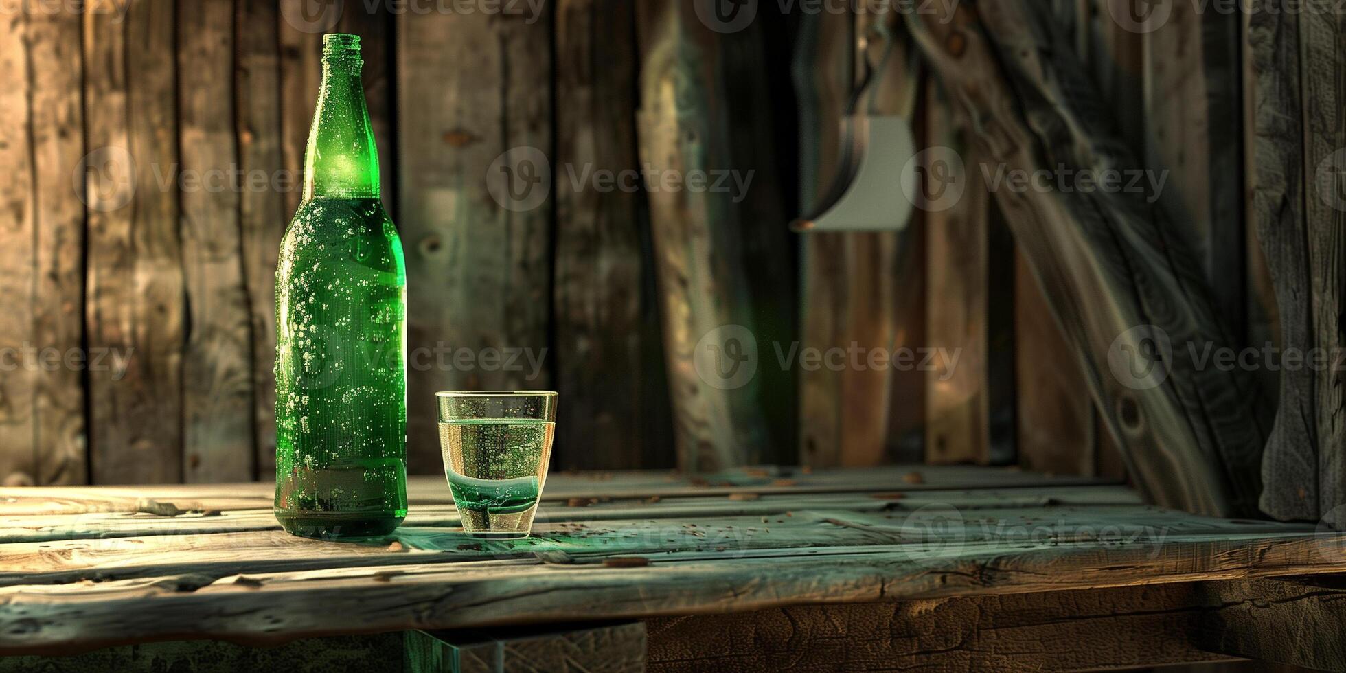 Green glass bottle of pear cider on a rustic wooden bench, with an empty glass next to it, photorealistic food photo